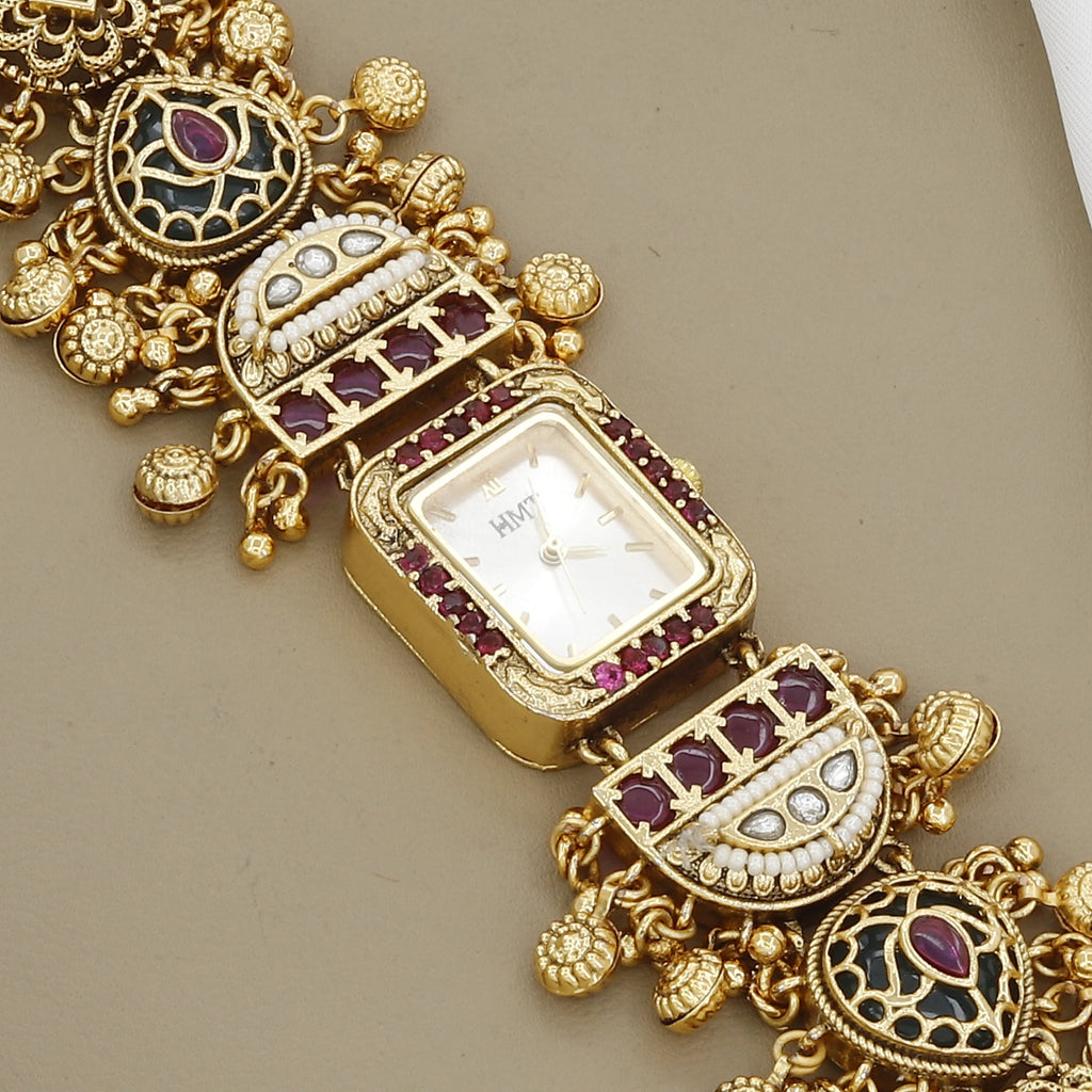 Traditional HMT Style Gold Plated Watch Bracelet with Kemp Stones