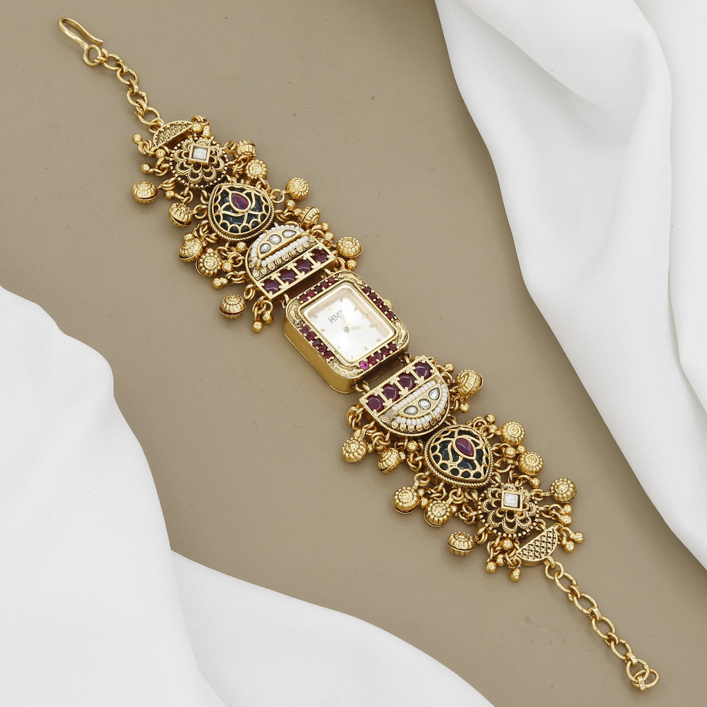 Traditional HMT Style Gold Plated Watch Bracelet with Kemp Stones