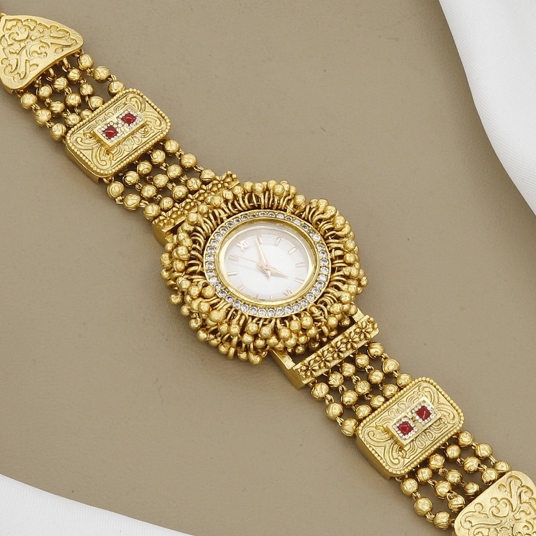 Antique Gold Finish Beaded Watch Bracelet with Kemp Stone Accents