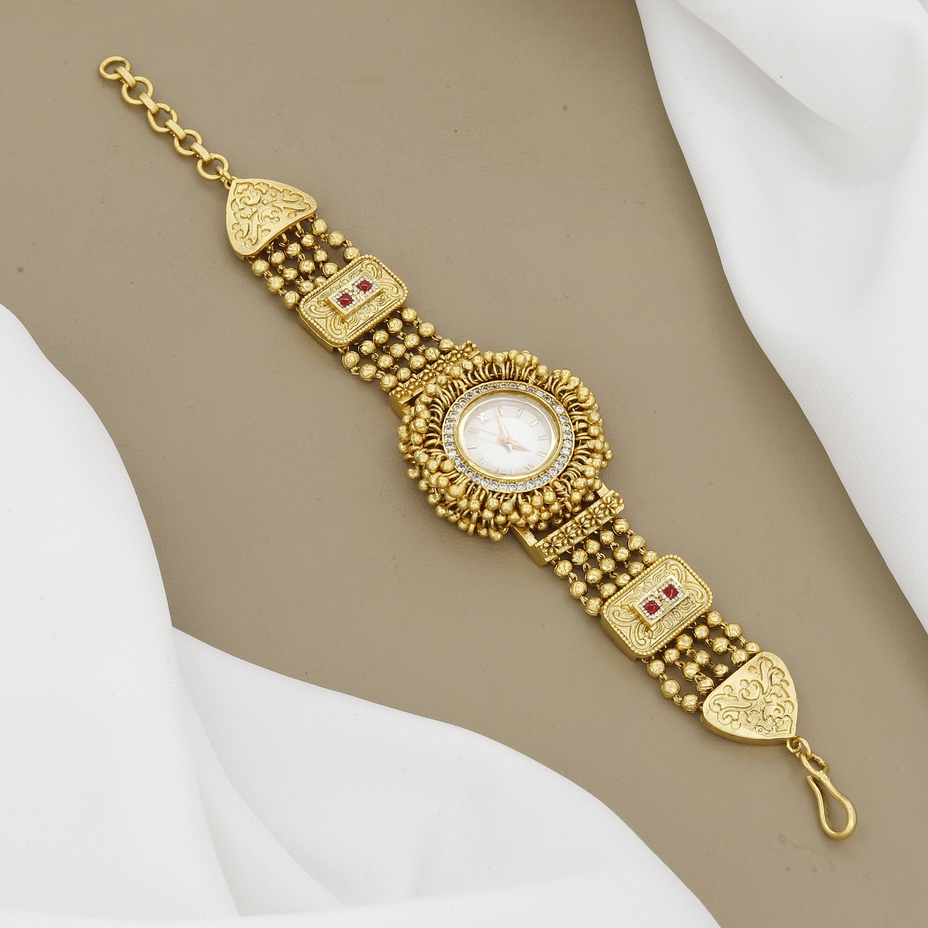 Antique Gold Finish Beaded Watch Bracelet with Kemp Stone Accents