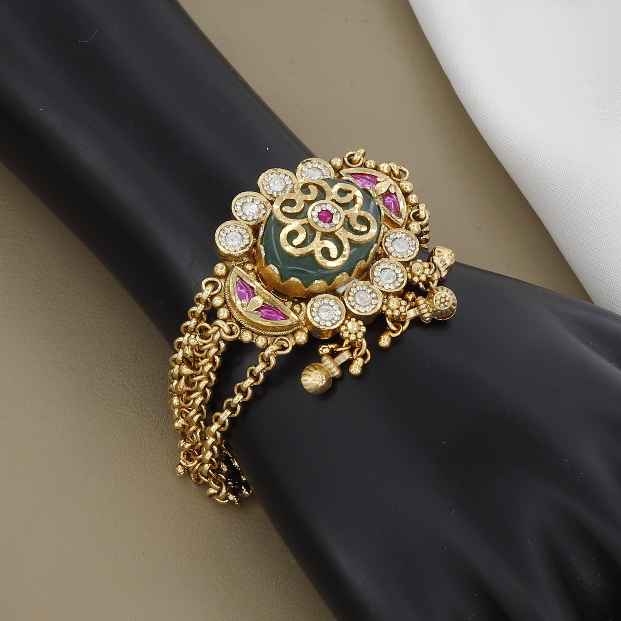 Traditional Gold Chain Bracelet with Green Enamel and Kundan Dangles