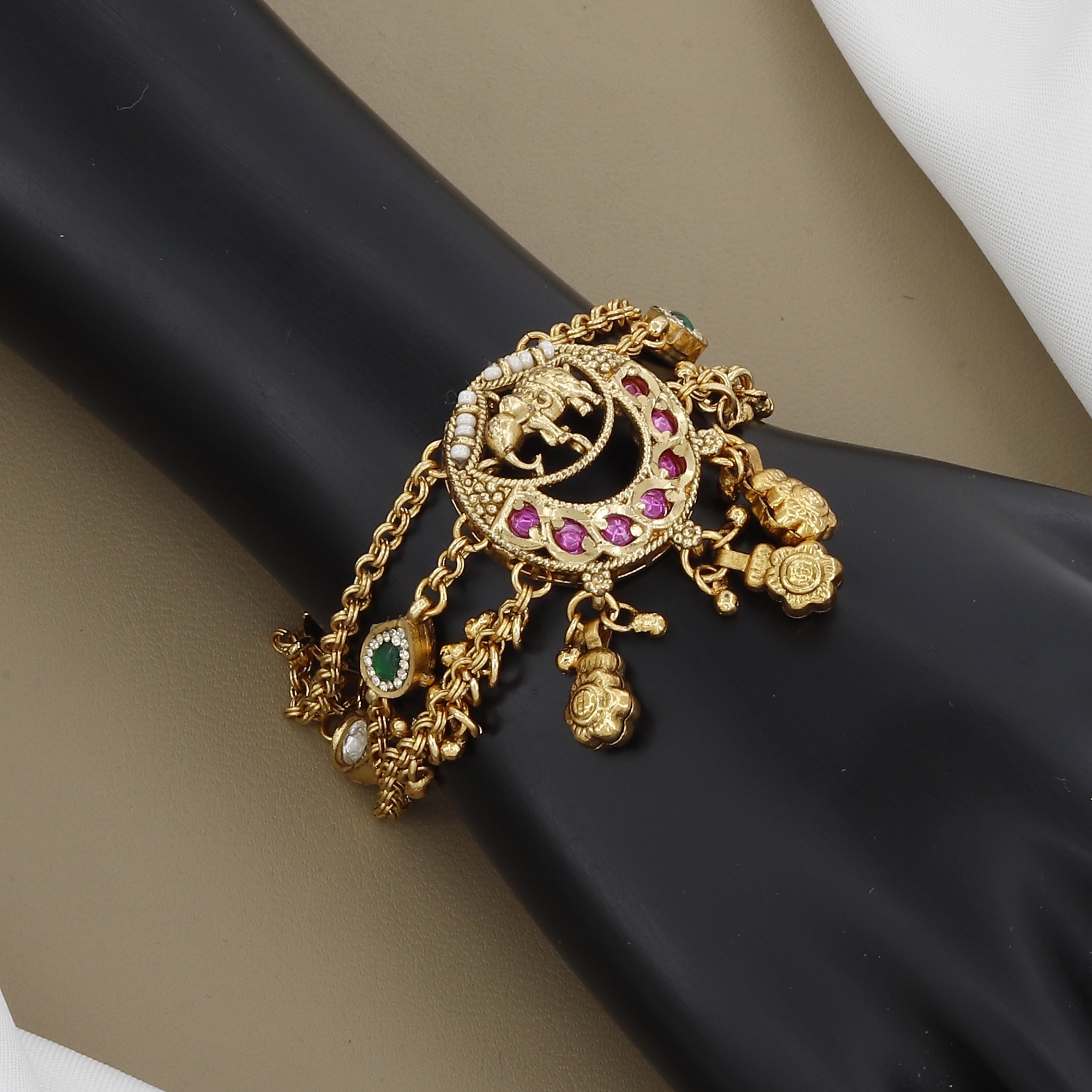 Multi-Strand Gold Bracelet with Chandbali Motif and Ghungroo Drops