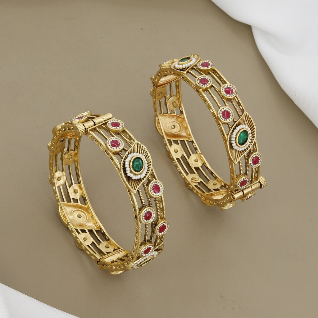 Modern Antique Gold Tone Patla Set with Ruby and Green Stones