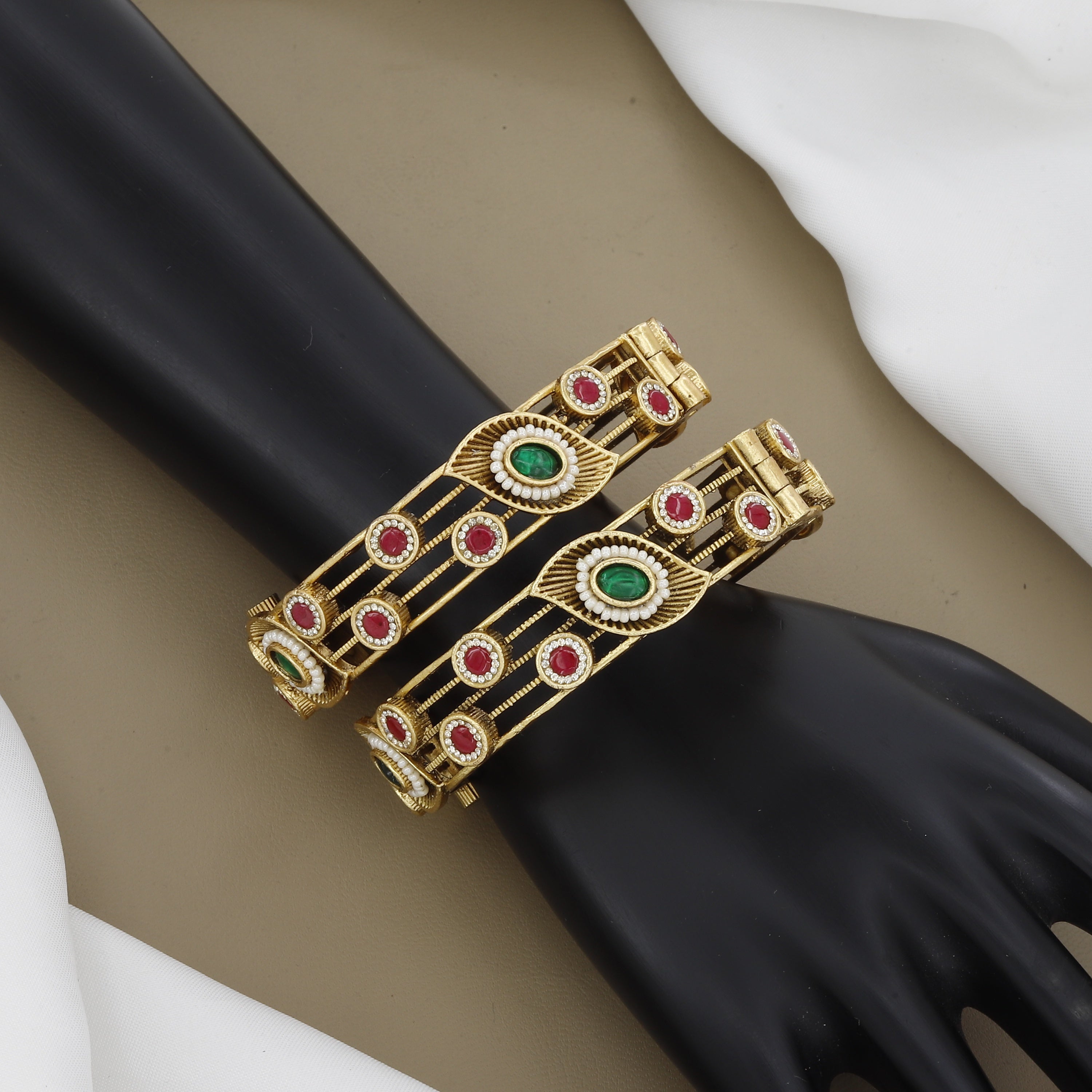 Modern Antique Gold Tone Patla Set with Ruby and Green Stones