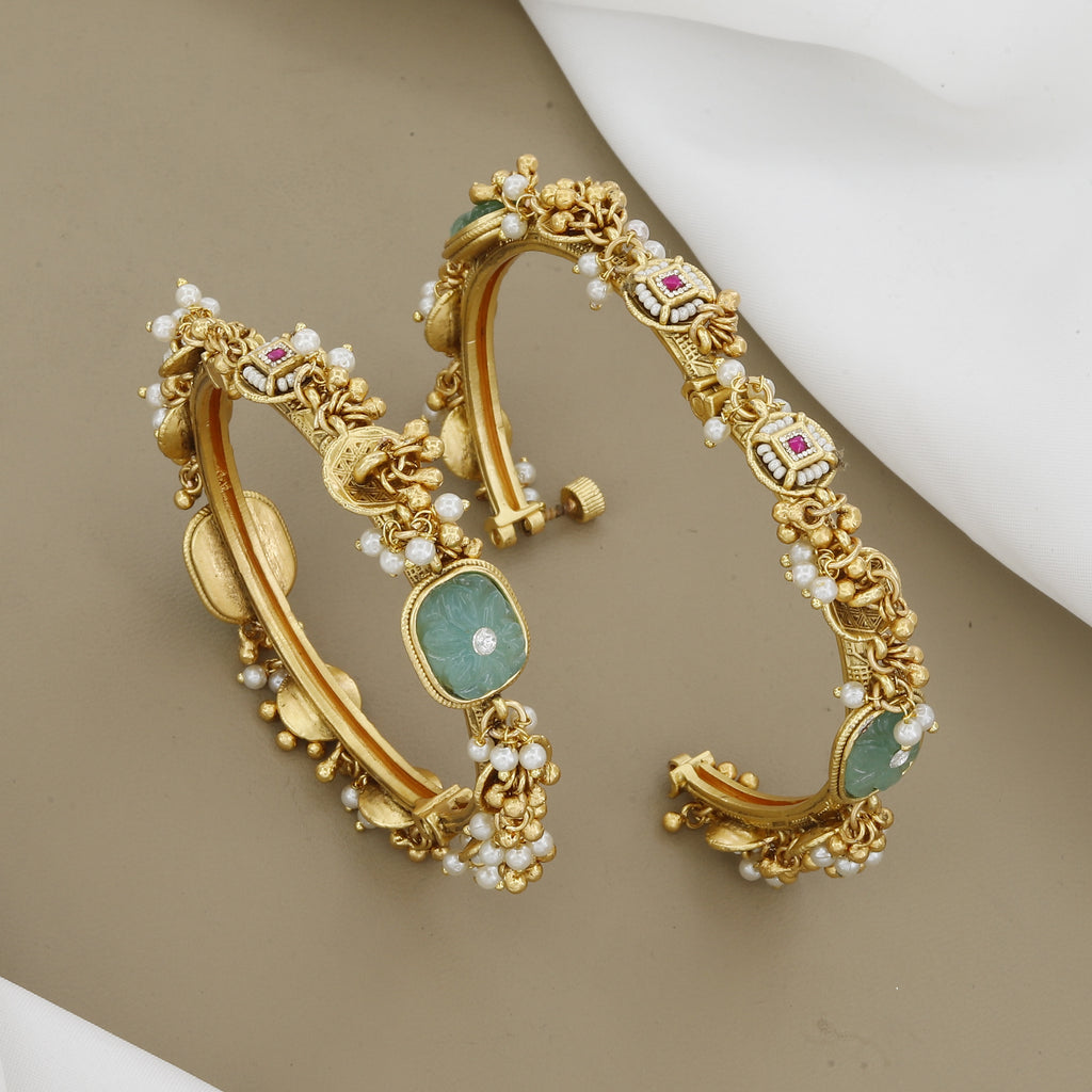 Open Screw Antique Patla Set with Moti and Carved Gemstone