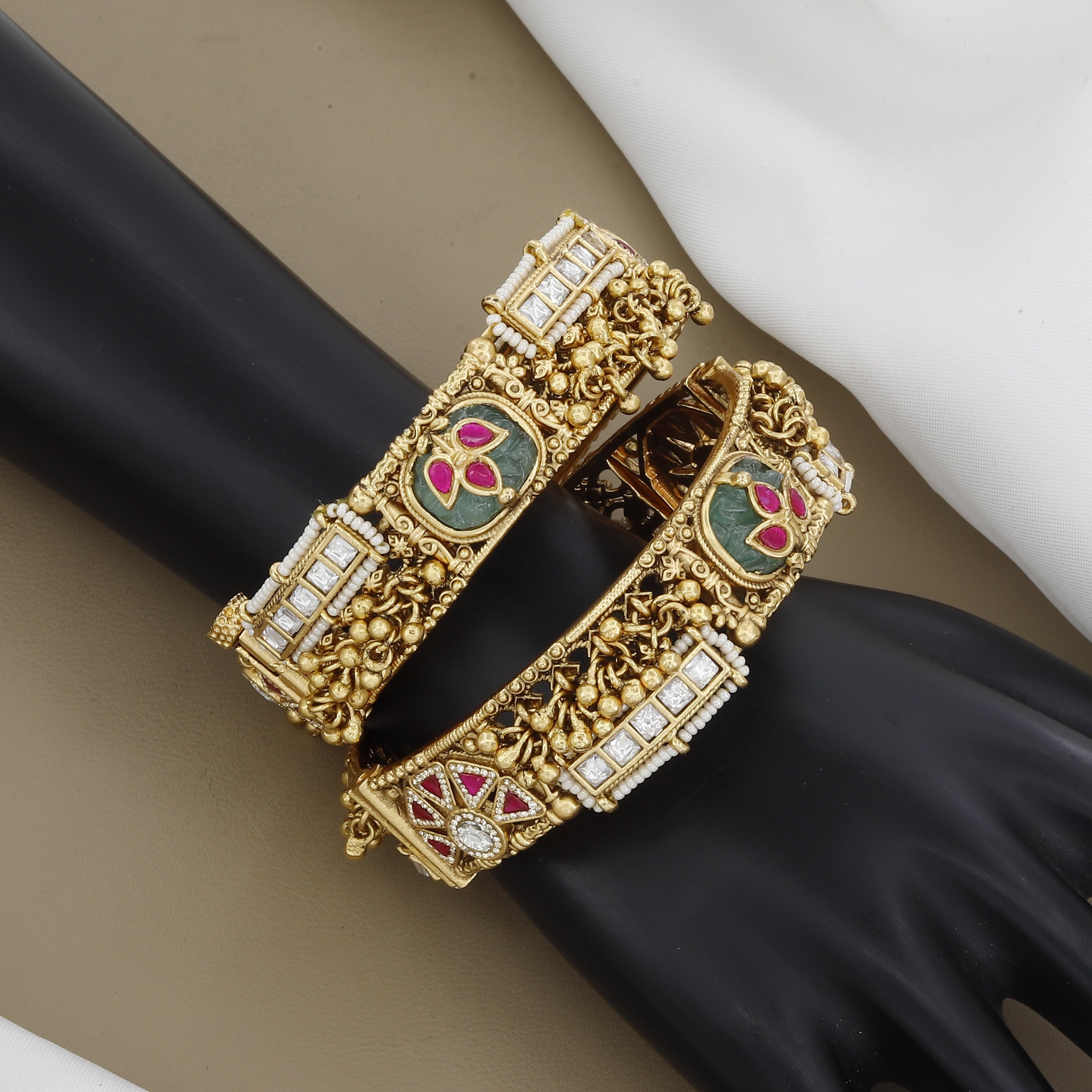 Antique Broad Patla Set with Polki, Green Stones & Pearl Drop