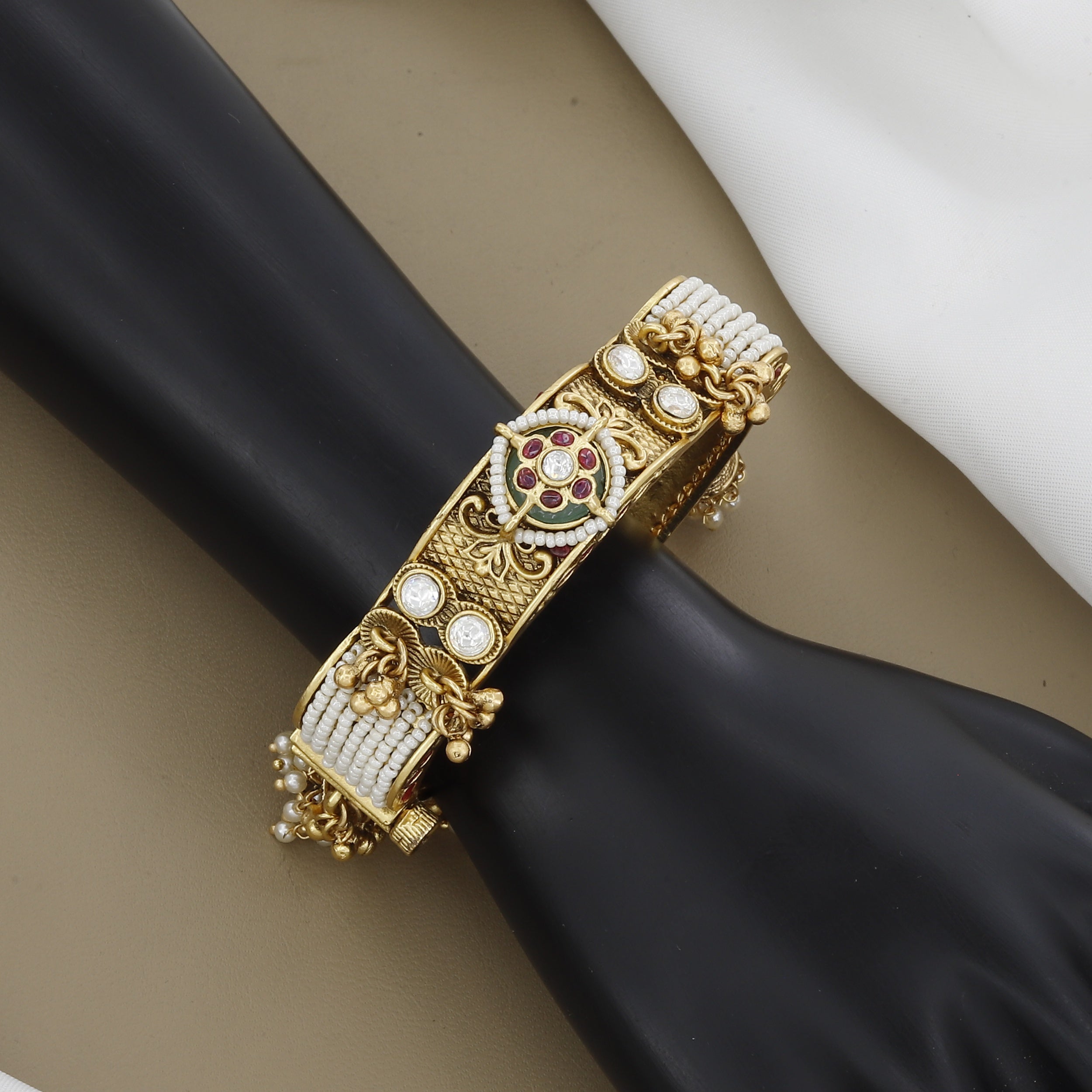 Intricate Meenakari & Pearl Embellished Gold Tone Kada Bracelet