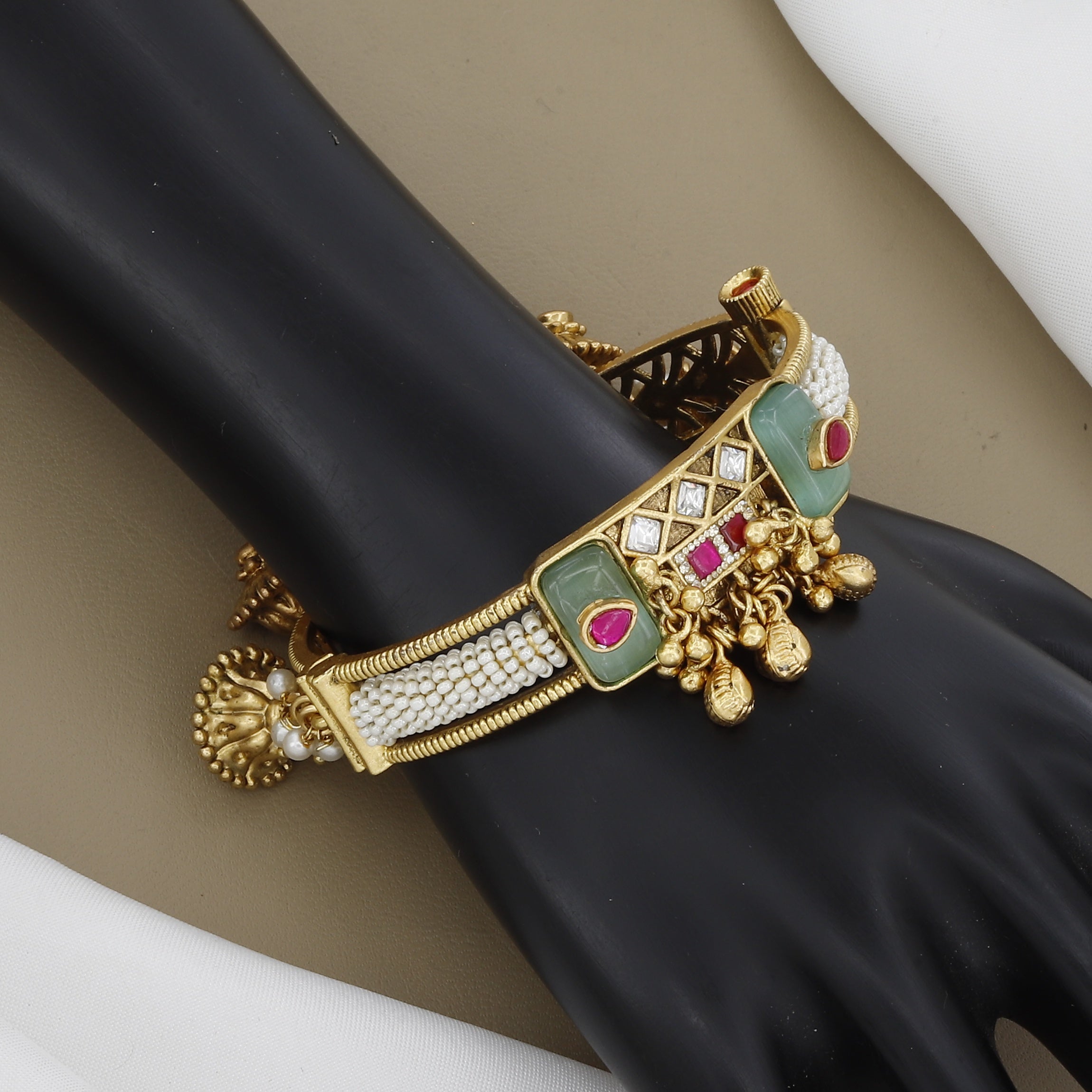 Mint Green Jade Stone & Pearl Drop Kada Bangle