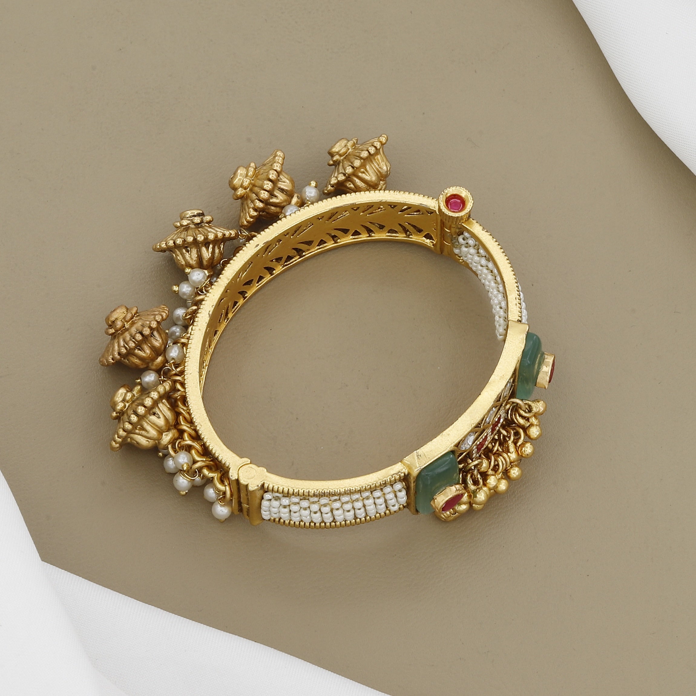 Mint Green Jade Stone & Pearl Drop Kada Bangle