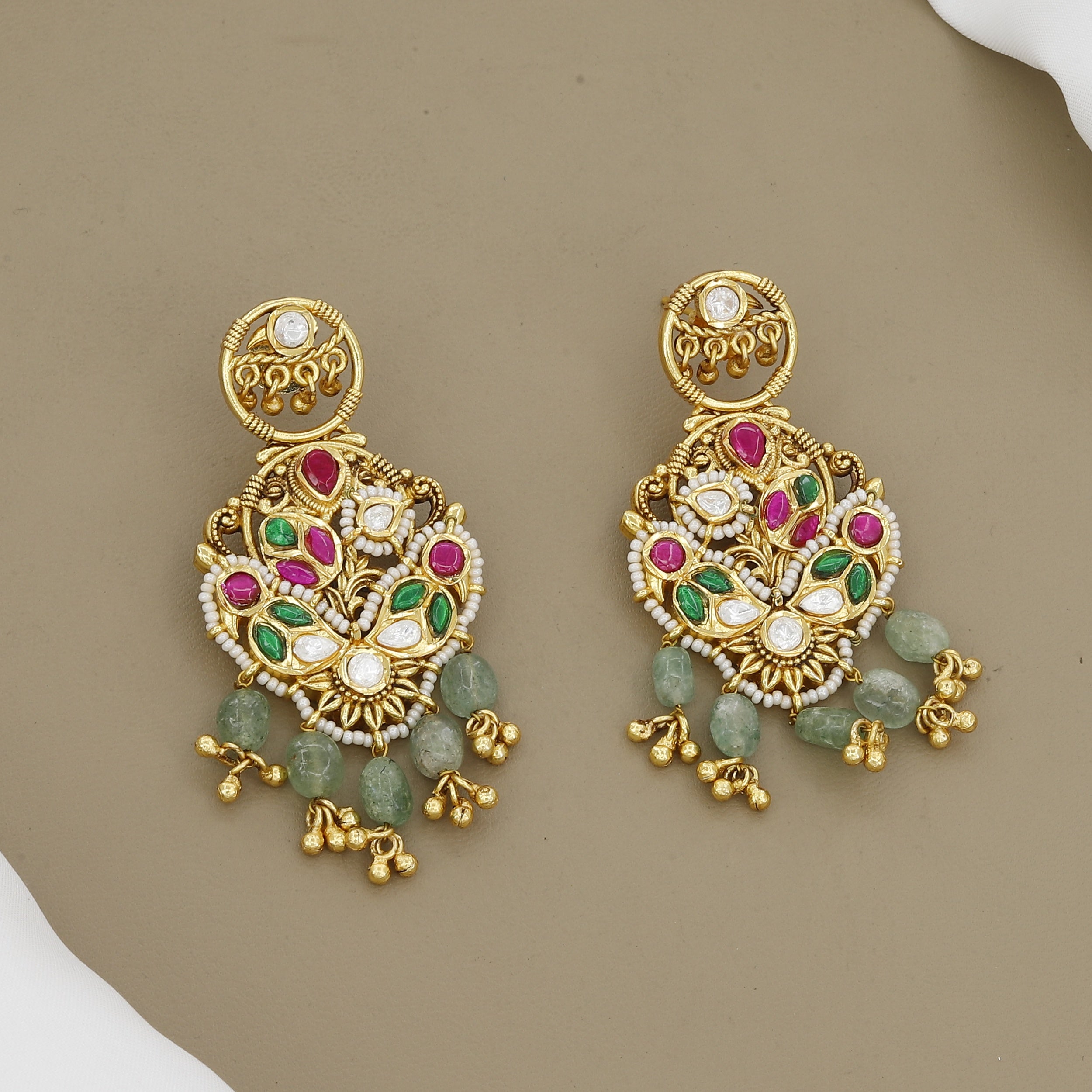 Intricate Gold Kundan Polki Drop Earrings with Emeralds