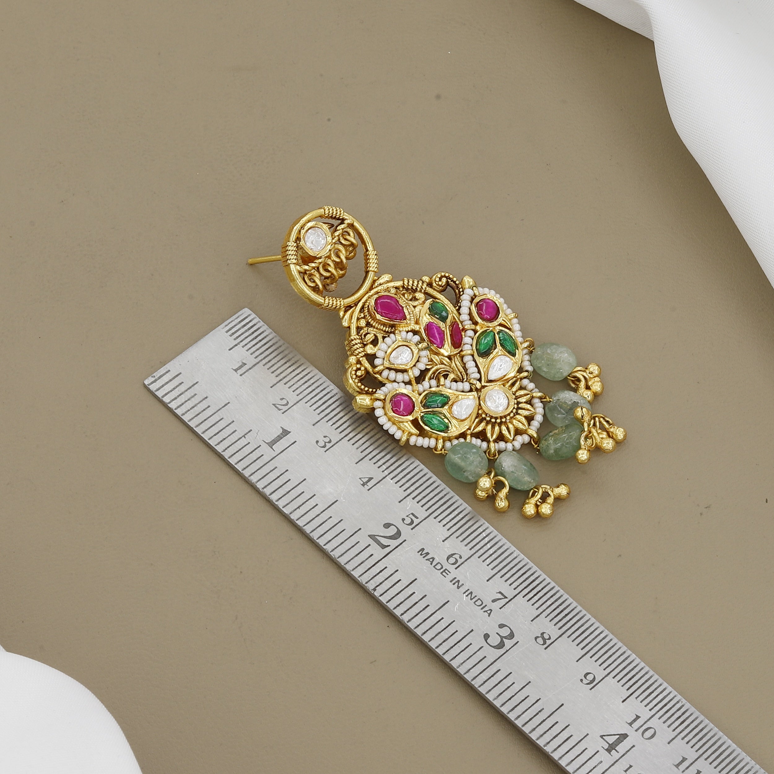 Intricate Gold Kundan Polki Drop Earrings with Emeralds