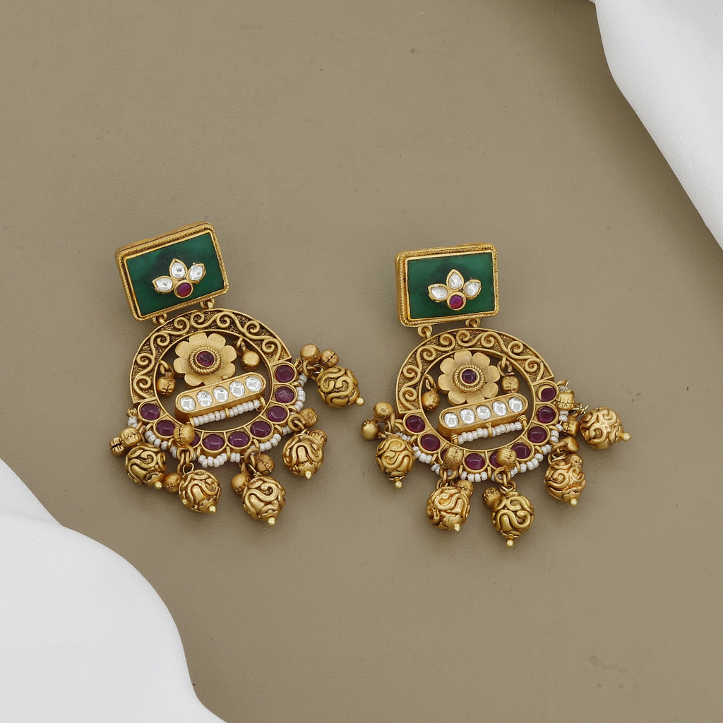Antique Gold Plated Earrings with Green Stone & Kemp