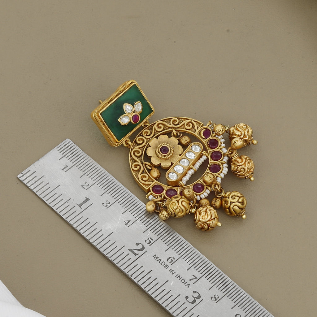 Antique Gold Plated Earrings with Green Stone & Kemp