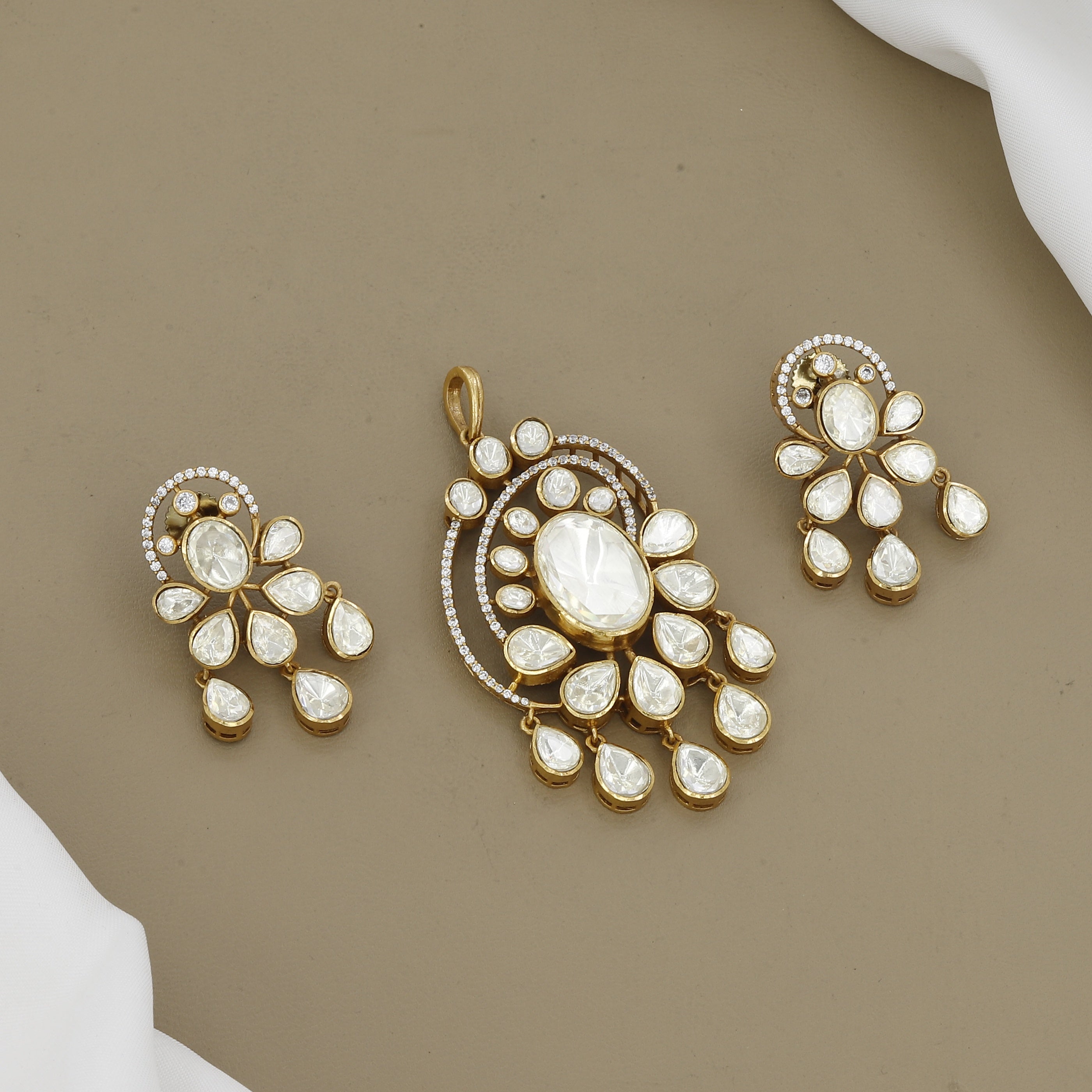 Classic Large Polki Stone Jhumki & Pendant Set for Women