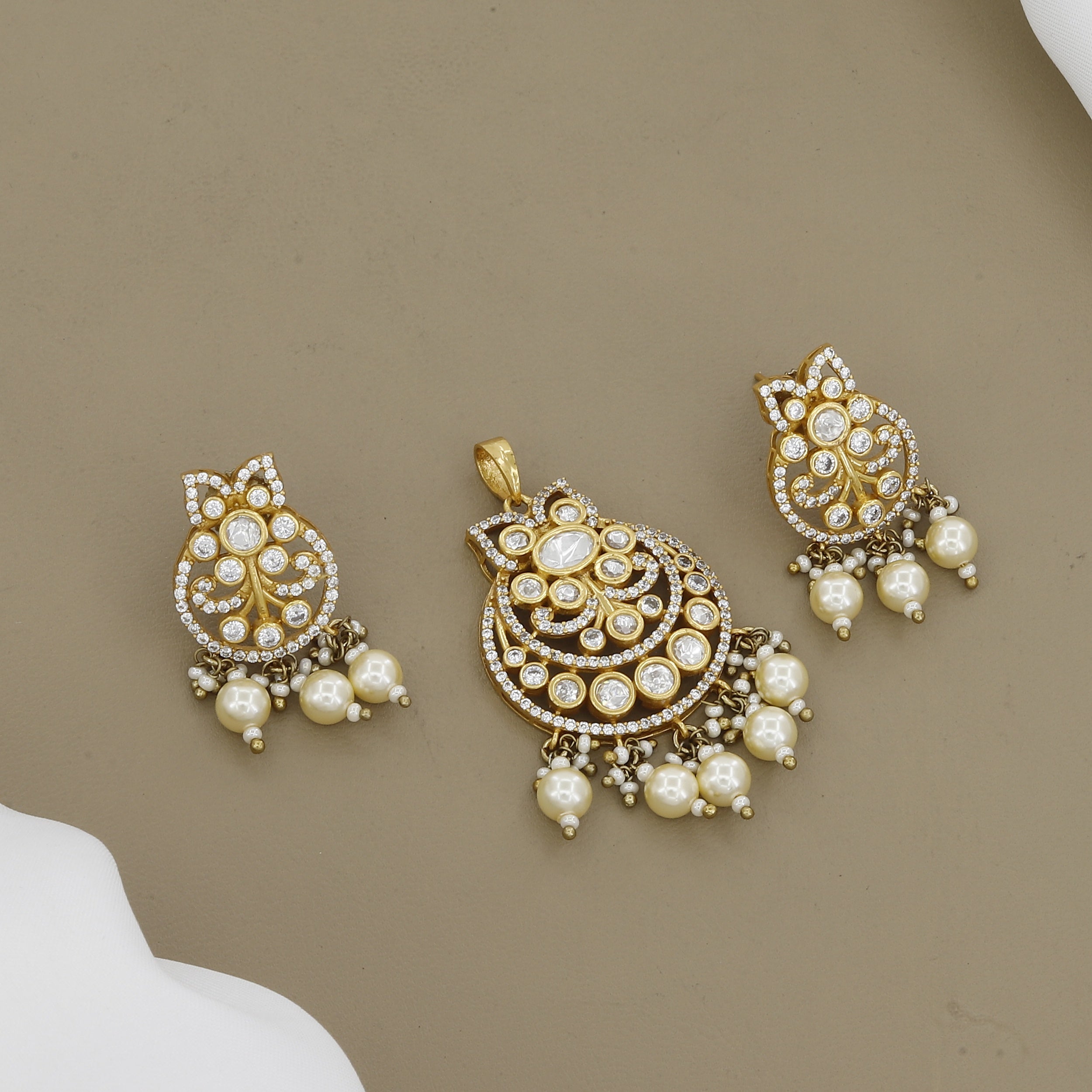 Traditional Gold Finish Kundan Polki & Pearl Pendant Set