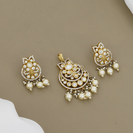 Traditional Gold Finish Kundan Polki & Pearl Pendant Set