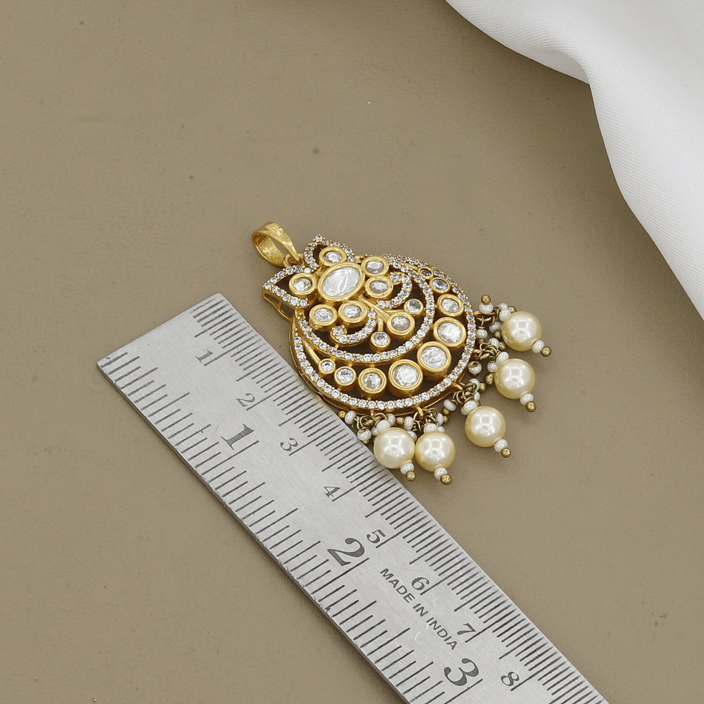 Traditional Gold Finish Kundan Polki & Pearl Pendant Set