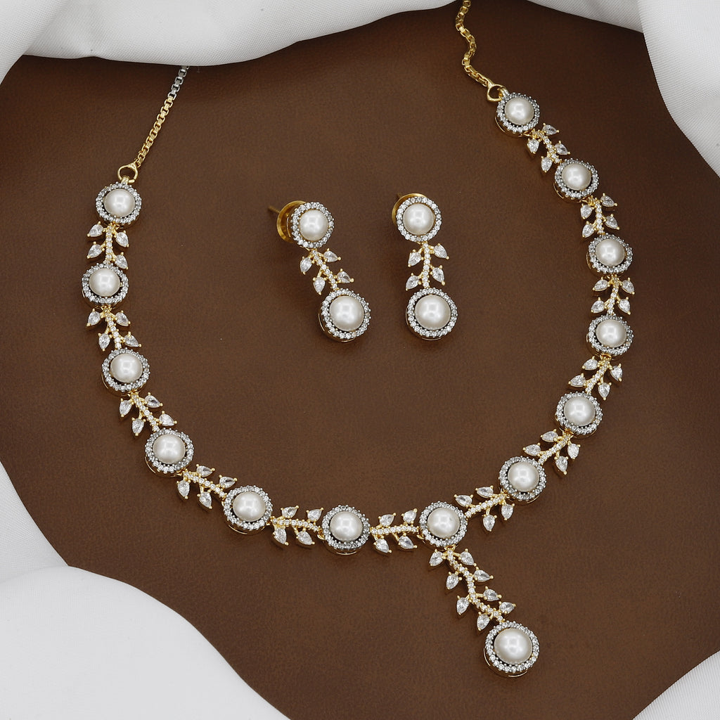 Gold Plated Pearl and CZ Necklace Set