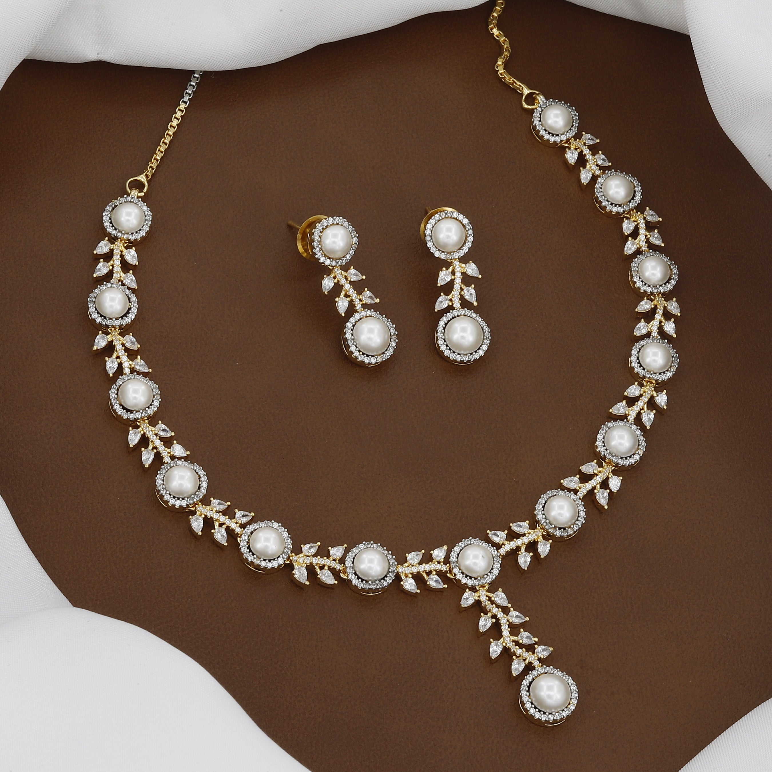 Gold Plated Pearl and CZ Necklace Set