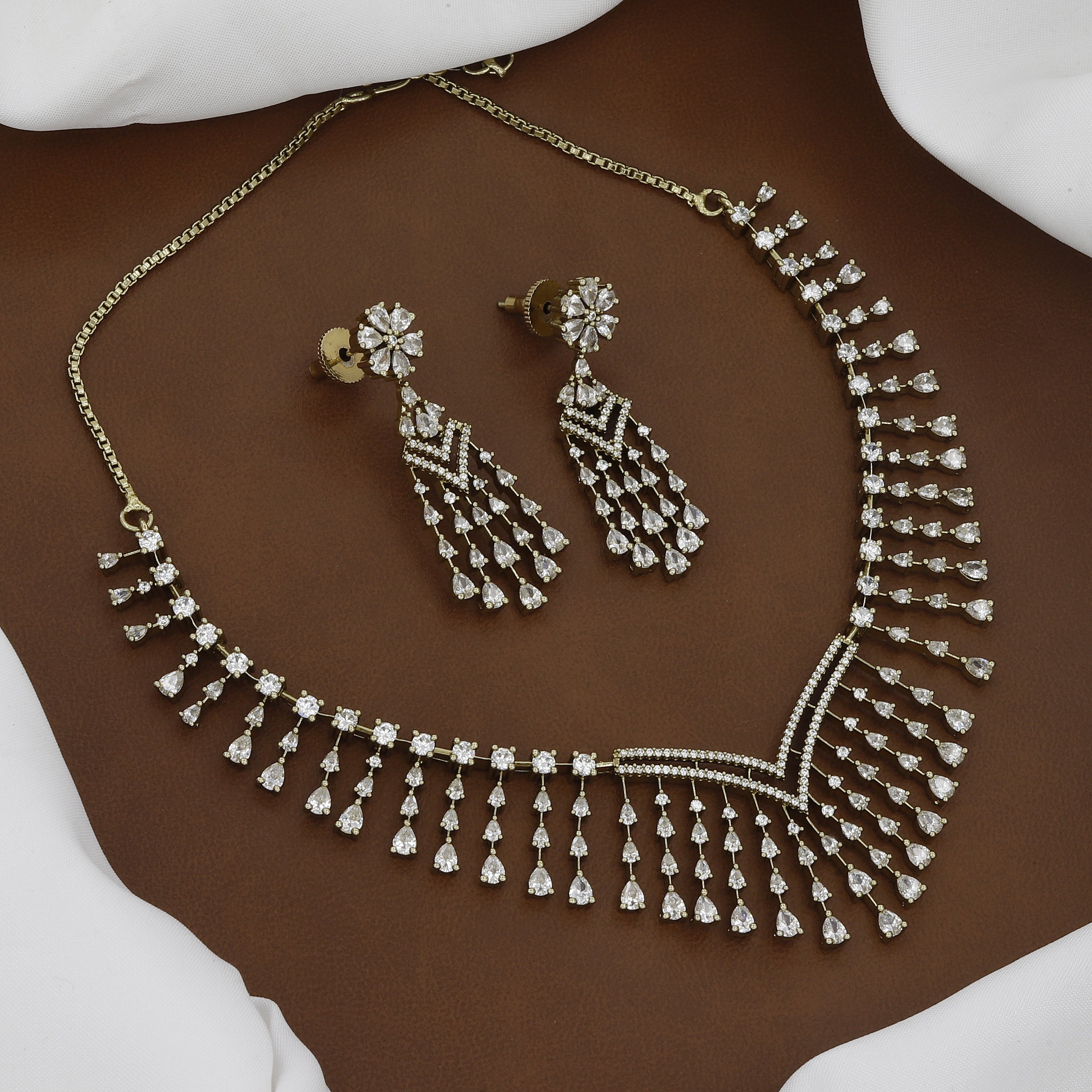 V-Shape Mehndi Polished Statement Botanical Leaf CZ Necklace Set