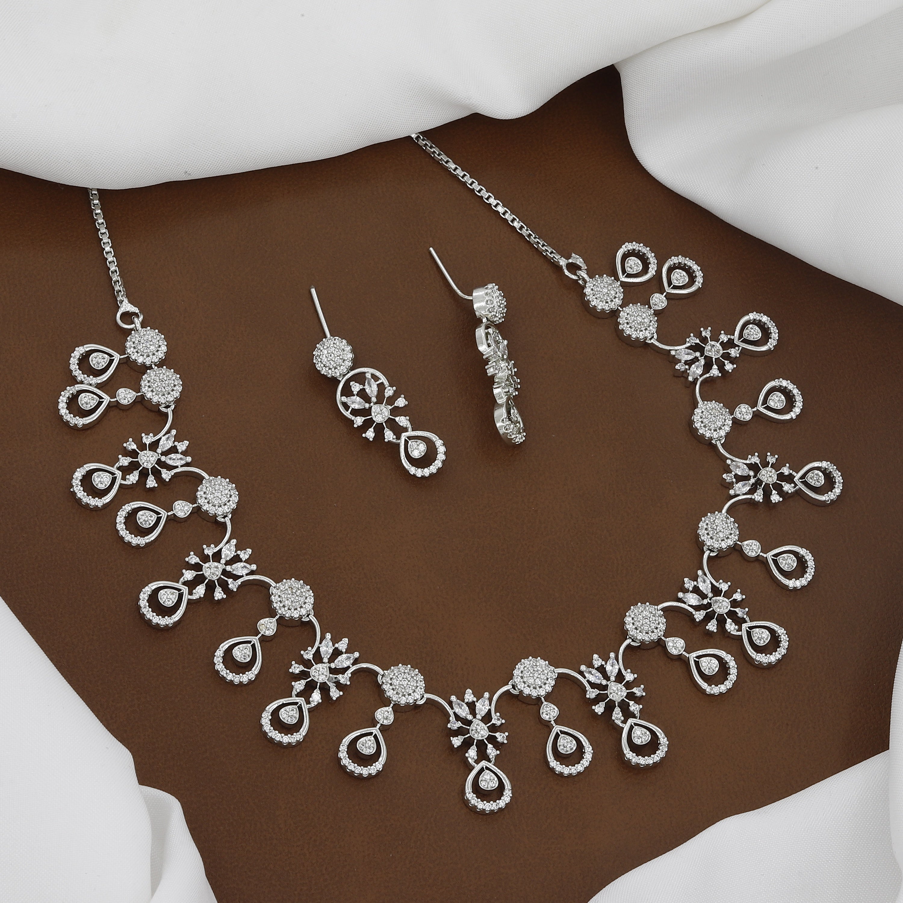 Elegant CZ Teardrop & Floral American Diamond Necklace Set