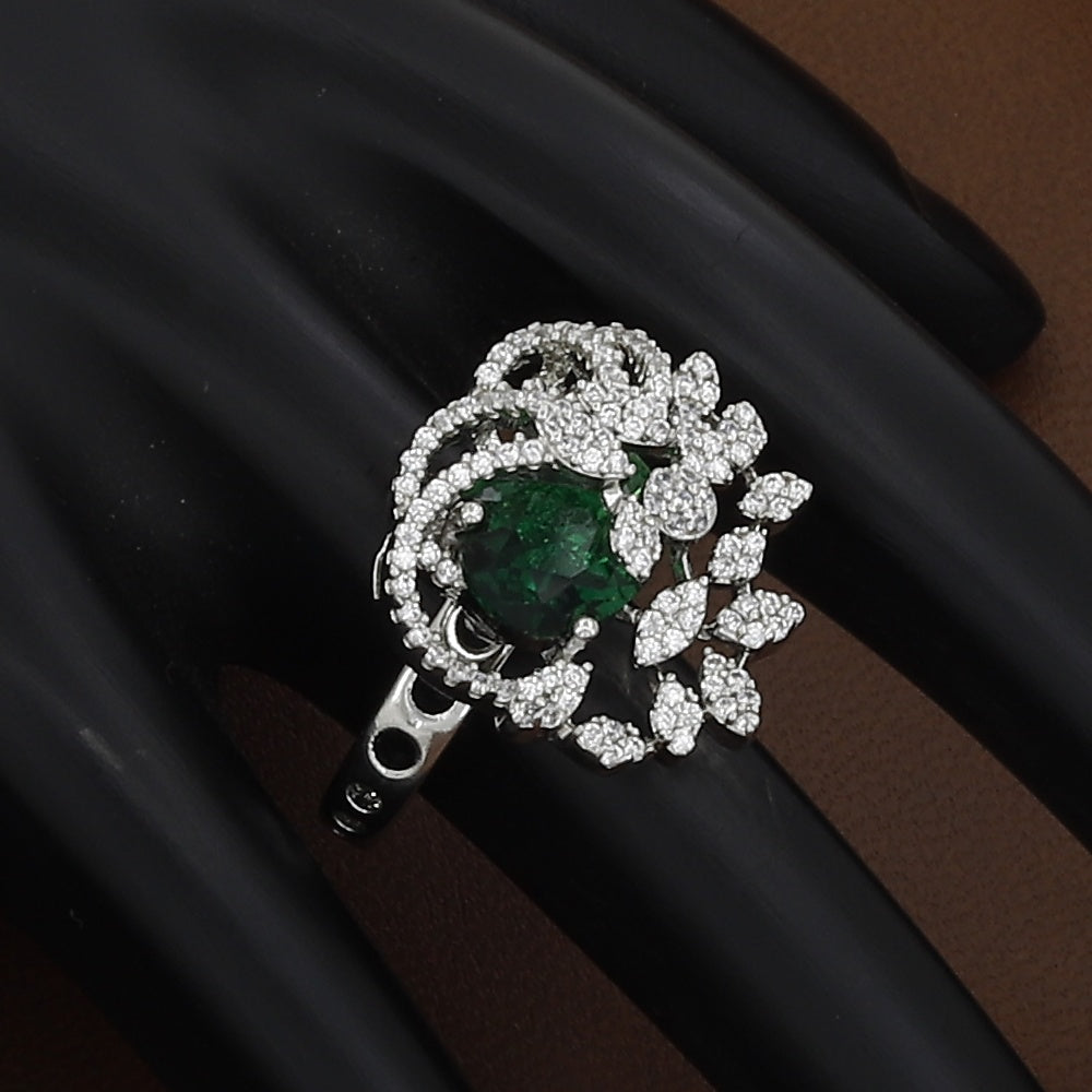 Floral Cluster Ring with Green Gemstone and White Zircon