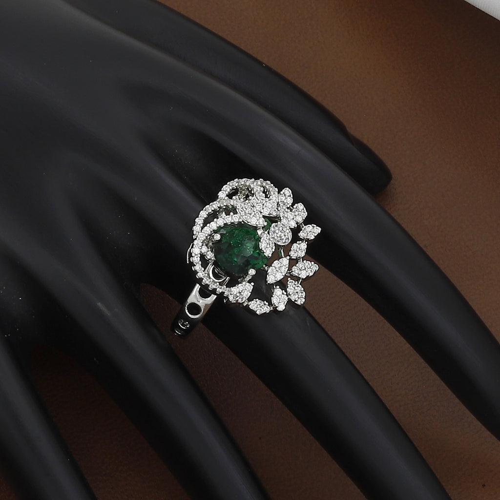 Floral Cluster Ring with Green Gemstone and White Zircon