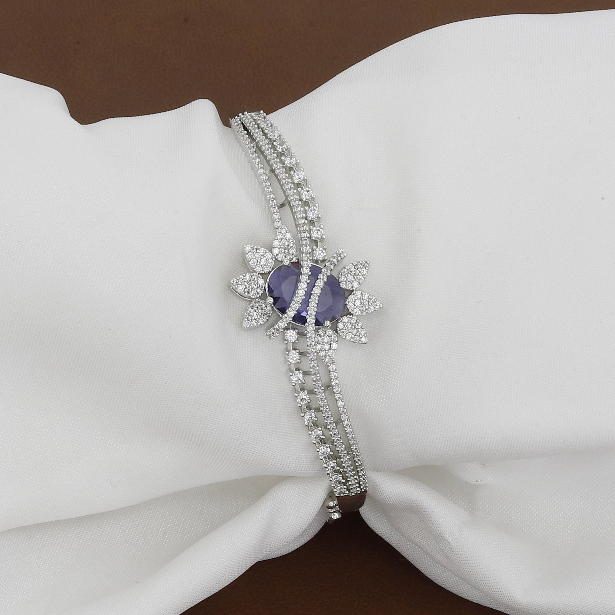 Royal Sapphire-Look CZ Silver-Tone Bangle Bracelet
