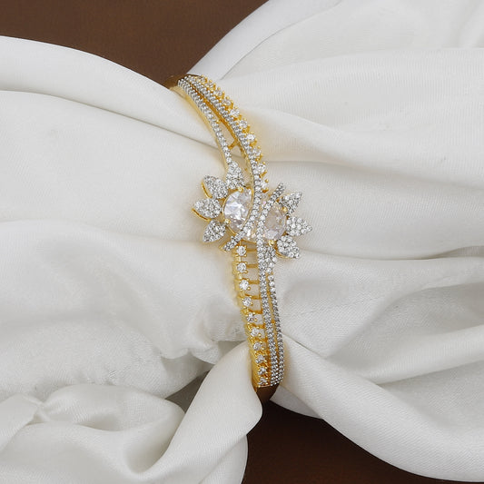 Gold Plated Diamond Look Floral Cuff Bracelet Kada
