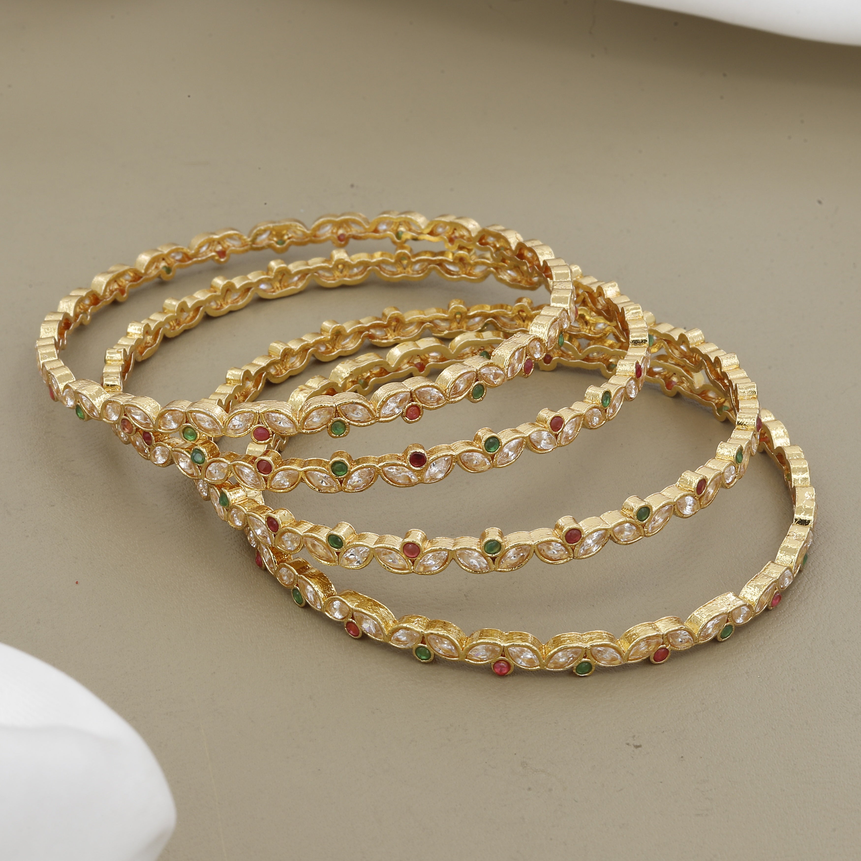 Ruby & Emerald Accents 4-Piece Gold Plated CZ Bangle Set