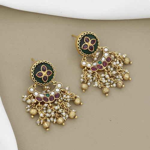 Antique Gold Floral Necklace Set with Pearl Clusters & Multi-Color Stones