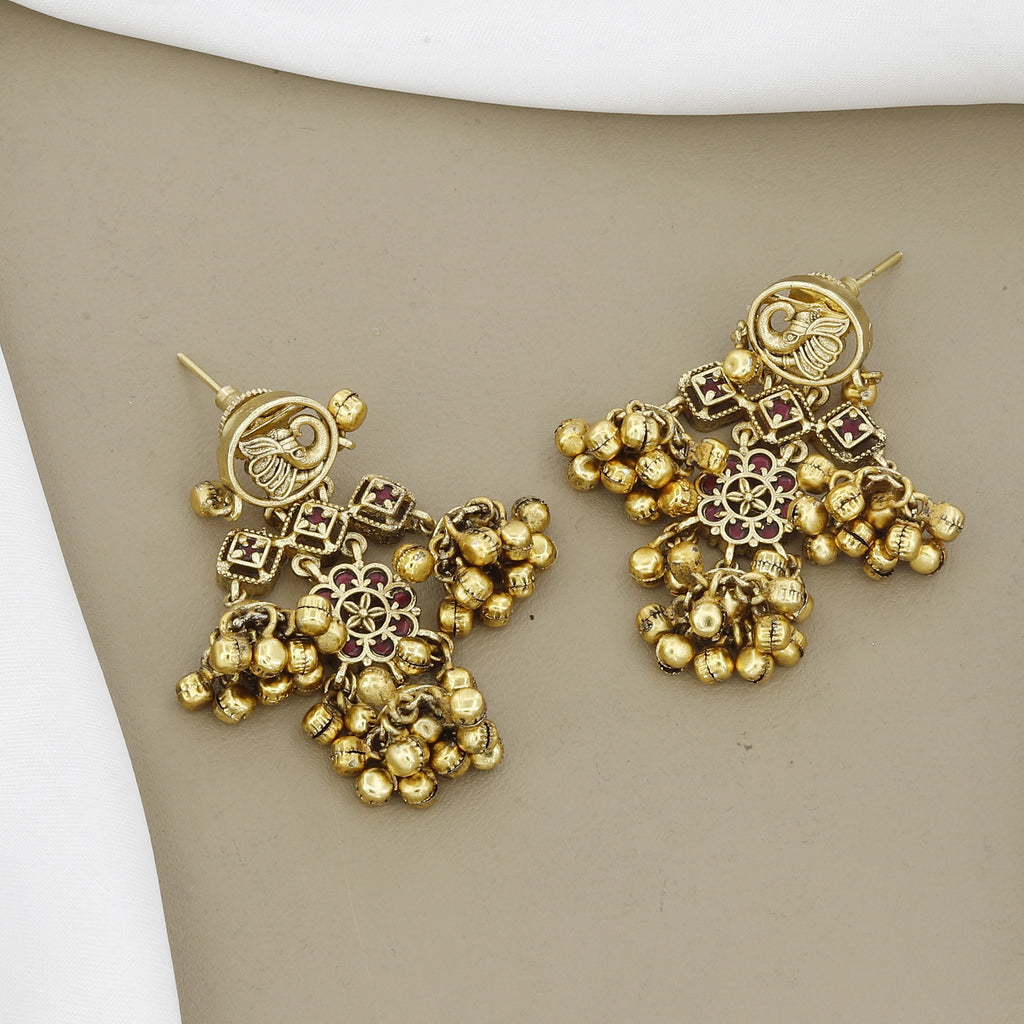 Antique Gold Peacock Necklace Set Multi-Strand Pearls & Ghungroo Dangles