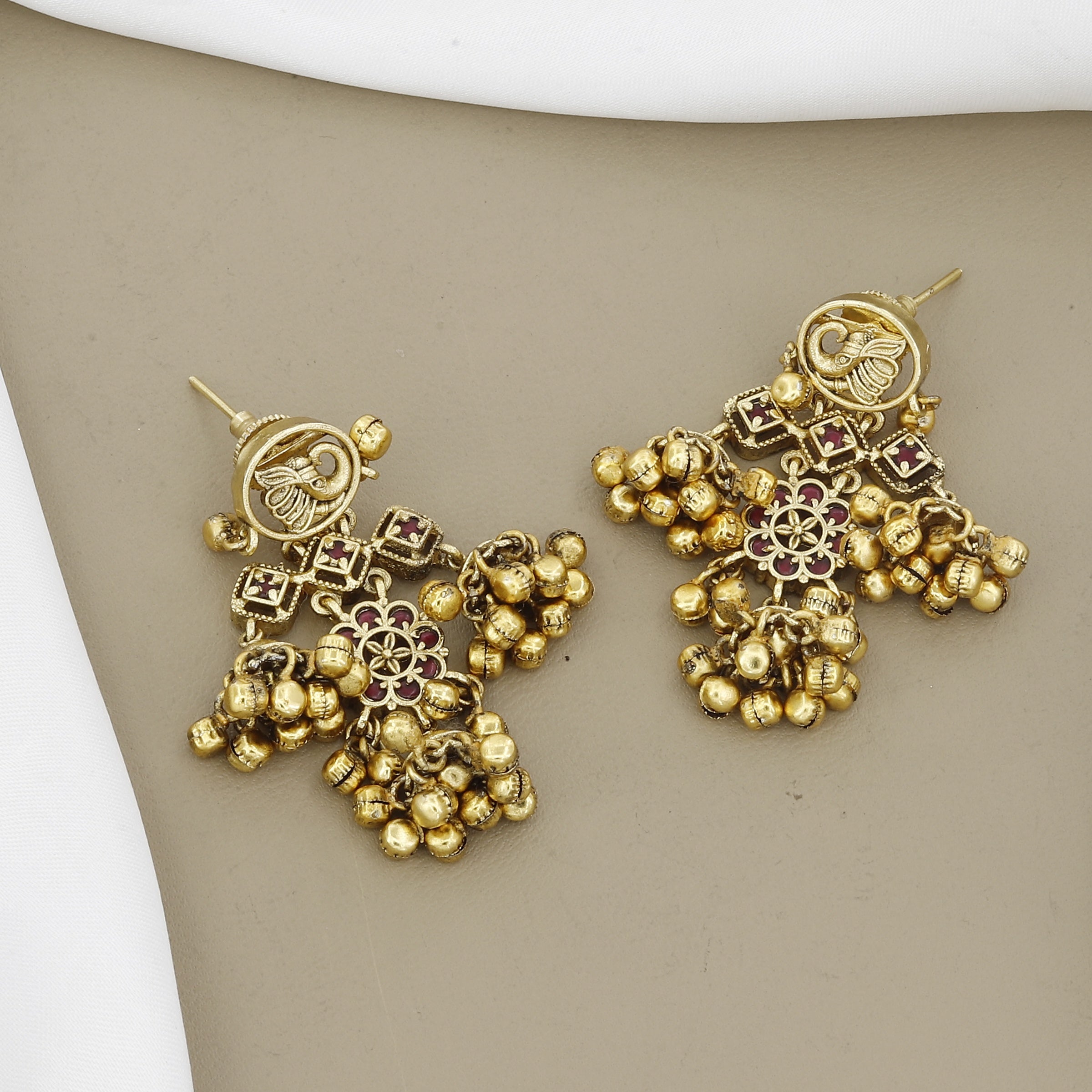 Antique Gold Peacock Necklace Set Multi-Strand Pearls & Ghungroo Dangles