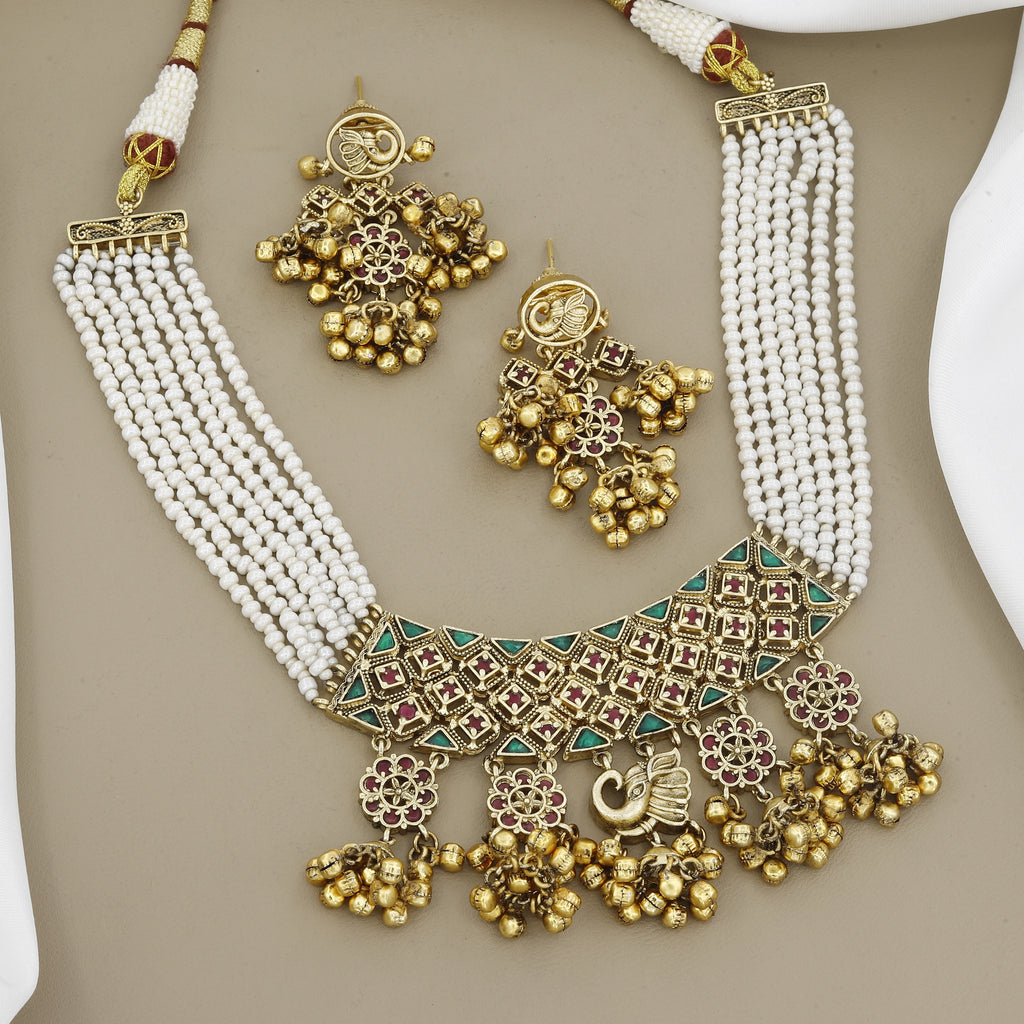 Antique Gold Peacock Necklace Set Multi-Strand Pearls & Ghungroo Dangles
