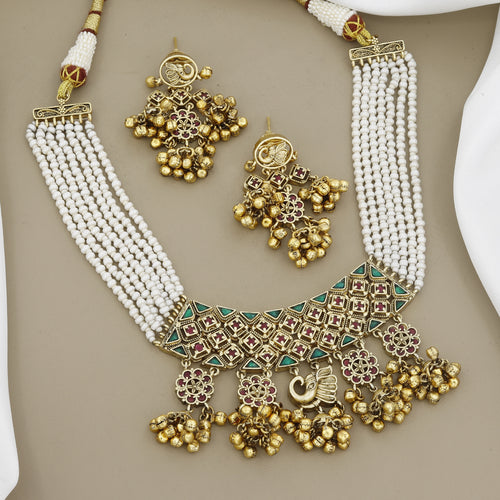Antique Gold Peacock Necklace Set Multi-Strand Pearls & Ghungroo Dangles