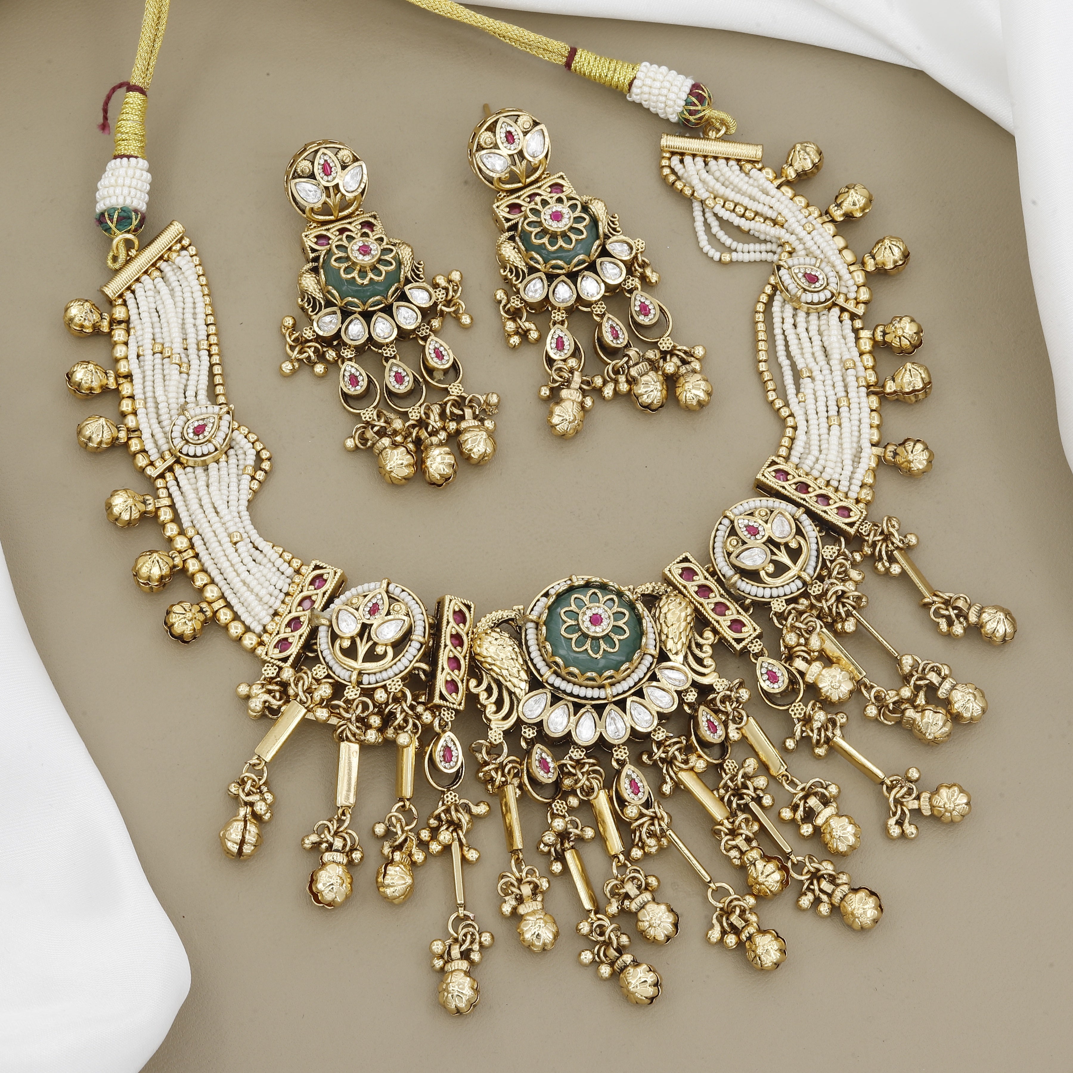 Antique Gold-Plated Kundan Necklace Set with Seed Pearls & Green Meenakari