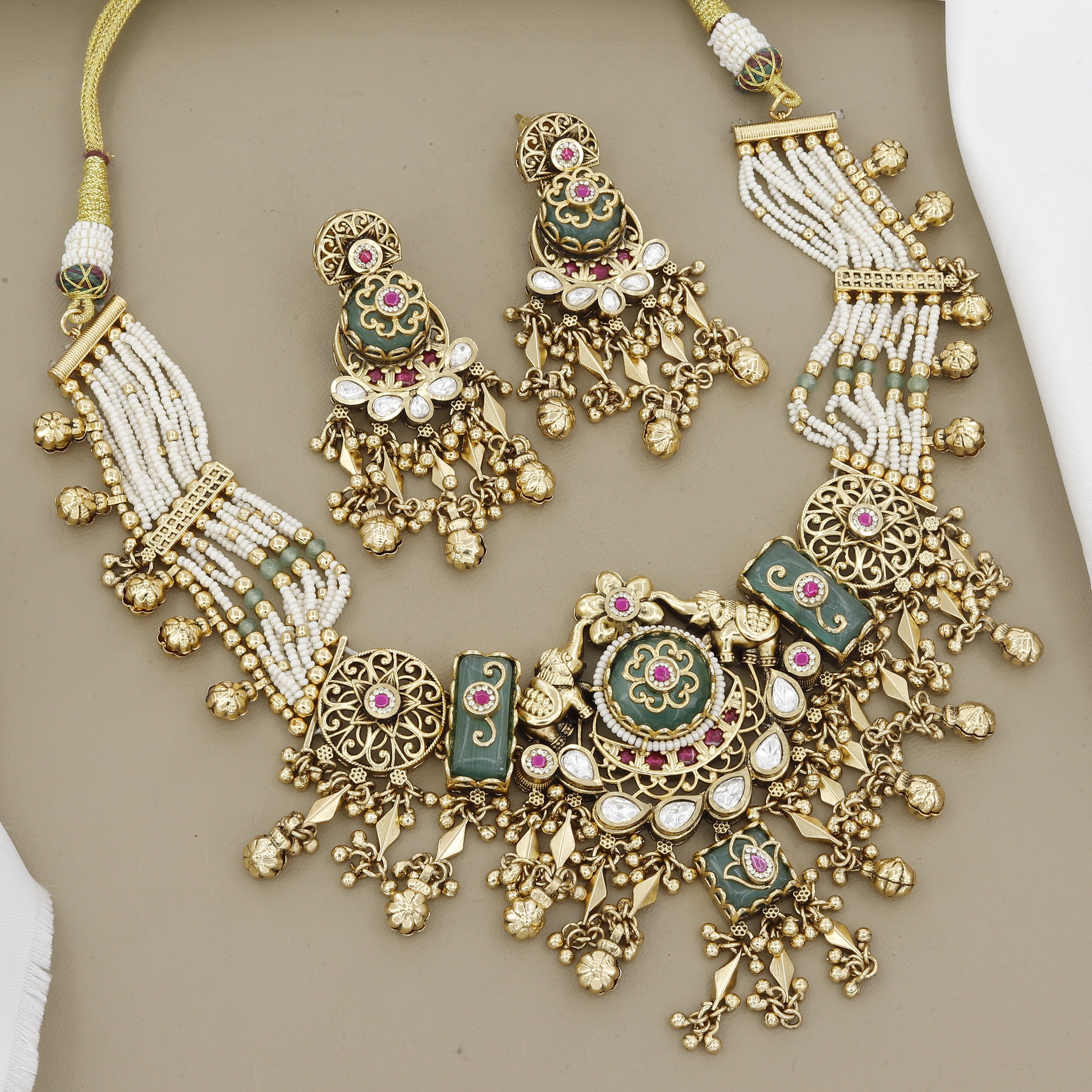 Antique Gold-Plated Elephant Motif Necklace Set with Seed Pearls & Green Kundan
