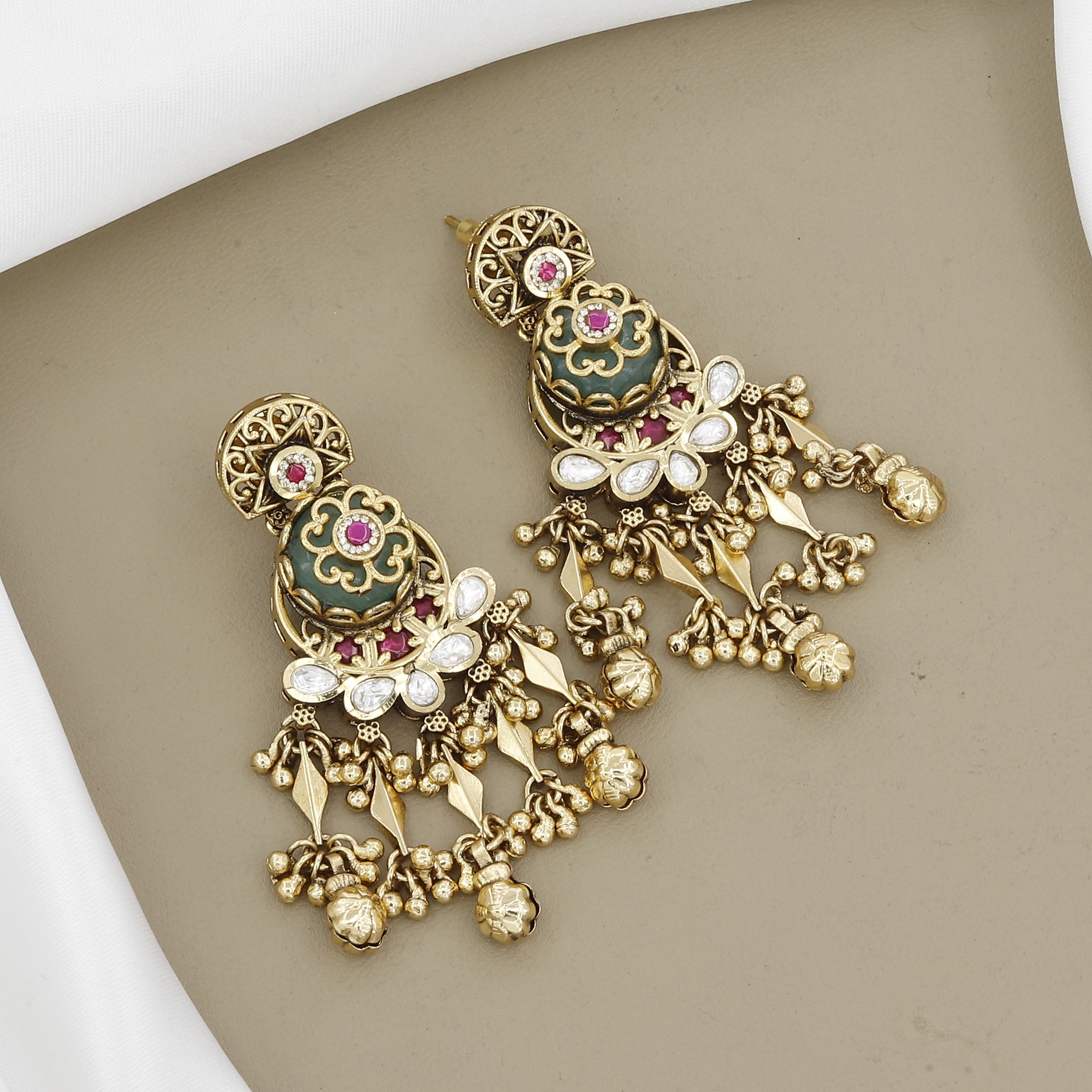 Antique Gold-Plated Elephant Motif Necklace Set with Seed Pearls & Green Kundan