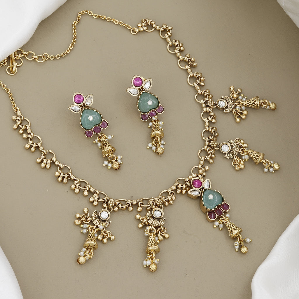Vintage Antique Gold Pear-Cut Jade & Ruby Necklace Set