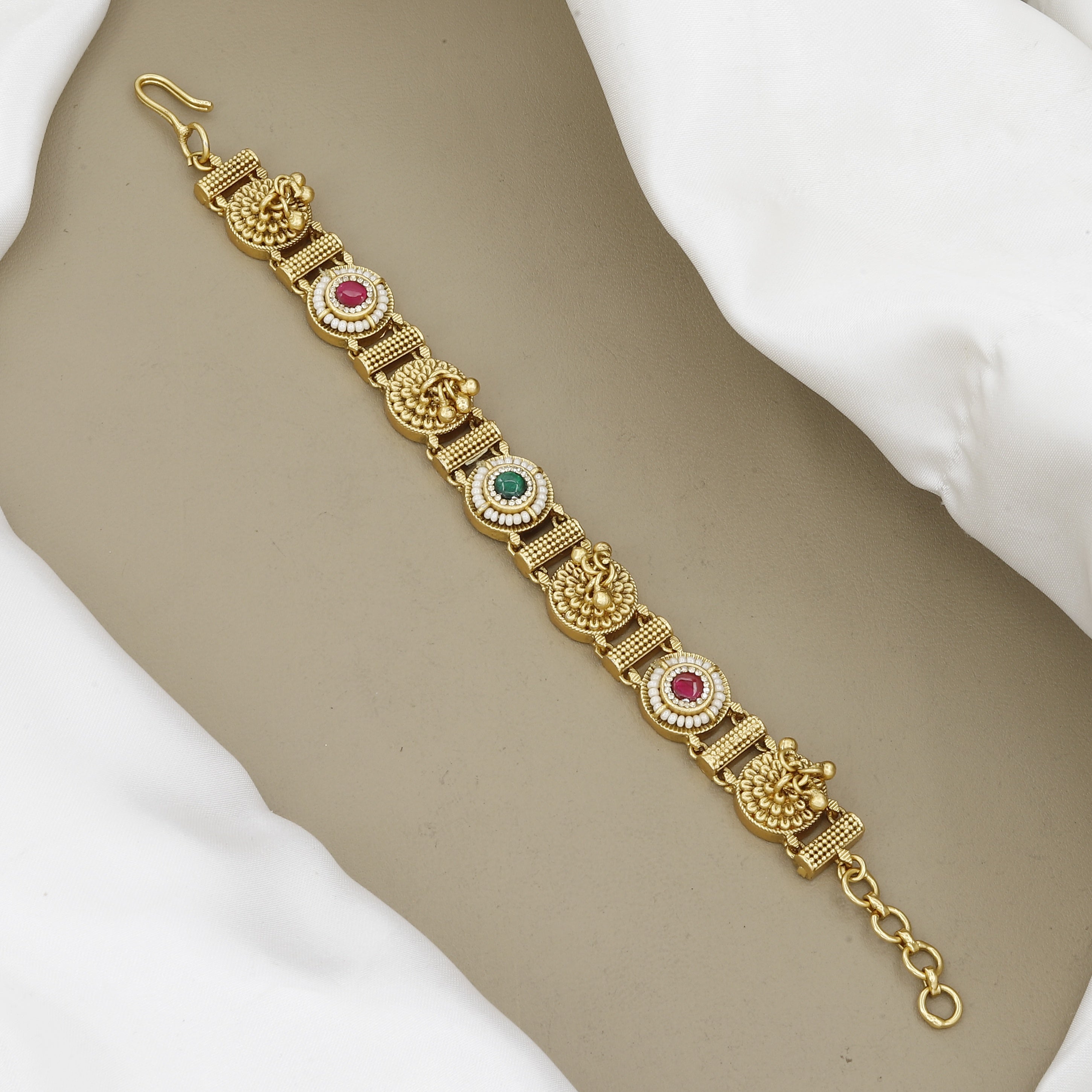 Antique Gold Temple Jewelry Bracelet with Ruby & Emerald Stones