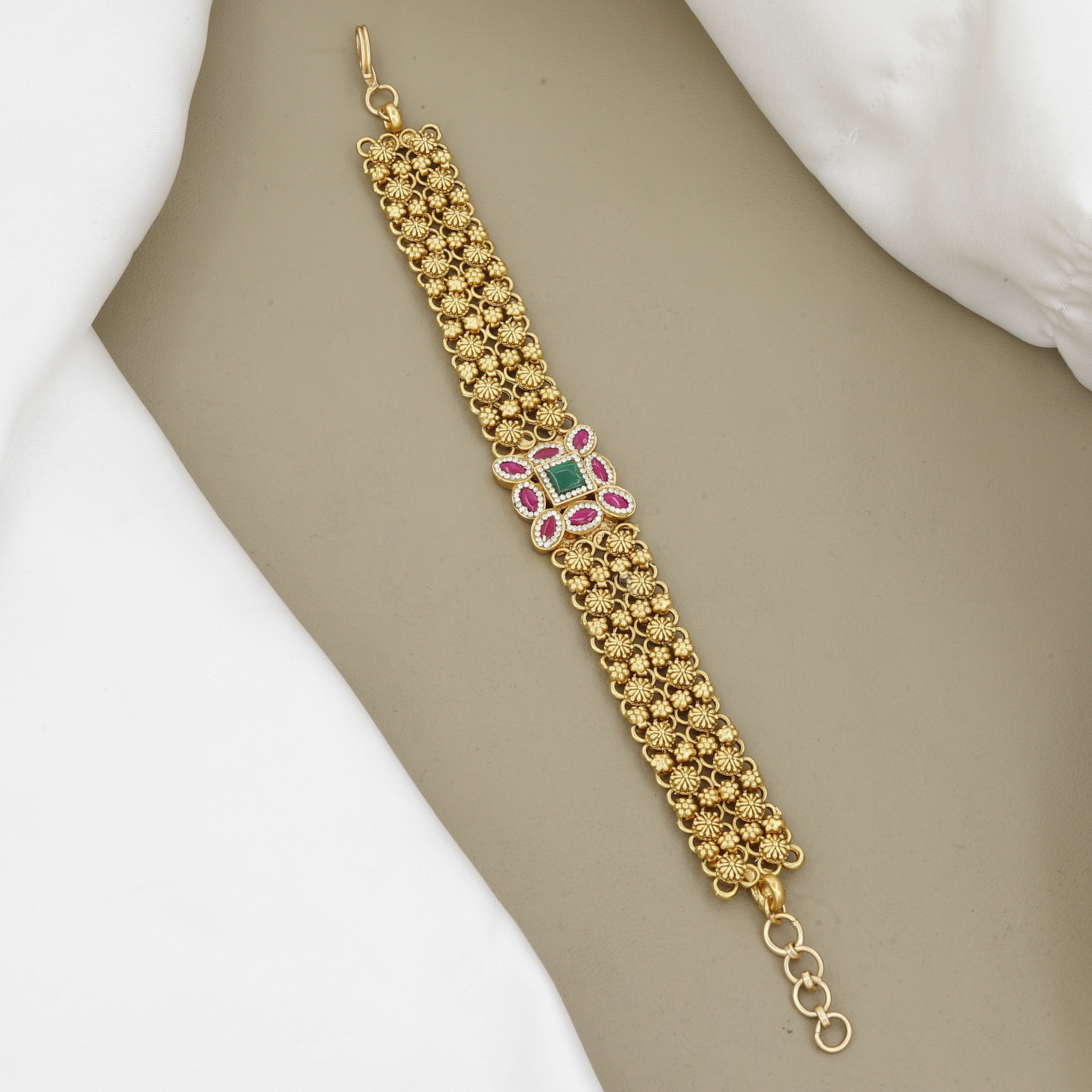 Antique Gold-Plated Matar Mala Bracelet with Ruby & Emerald Centerpiece