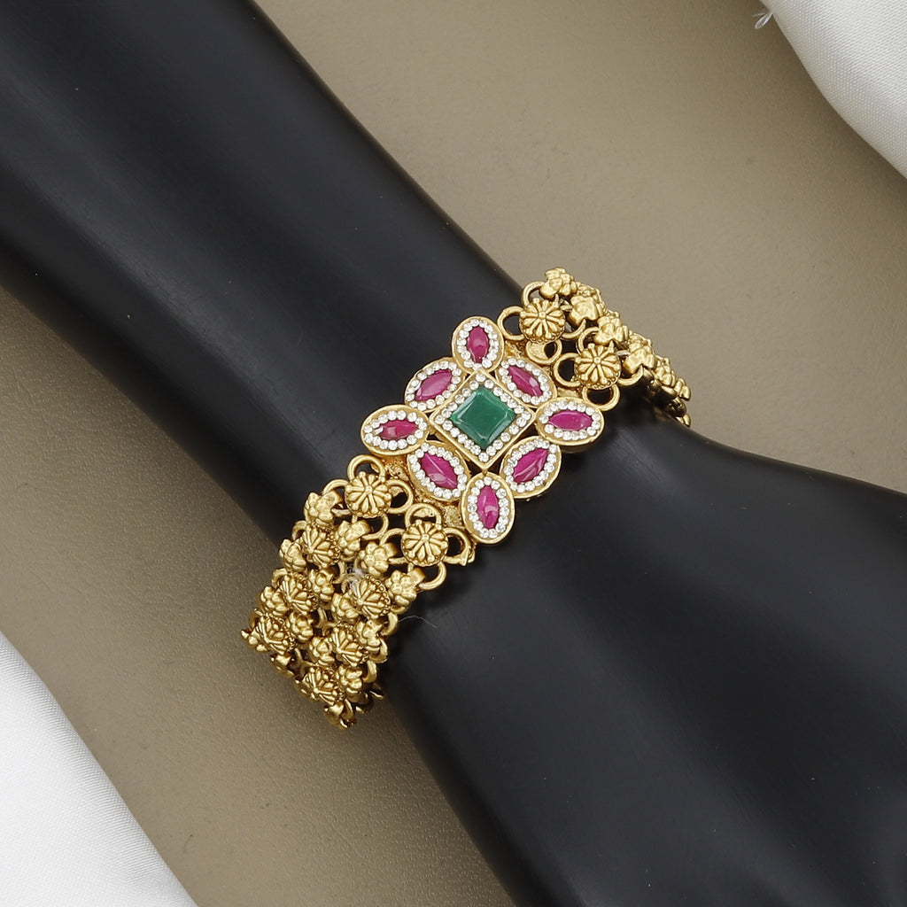 Antique Gold-Plated Matar Mala Bracelet with Ruby & Emerald Centerpiece