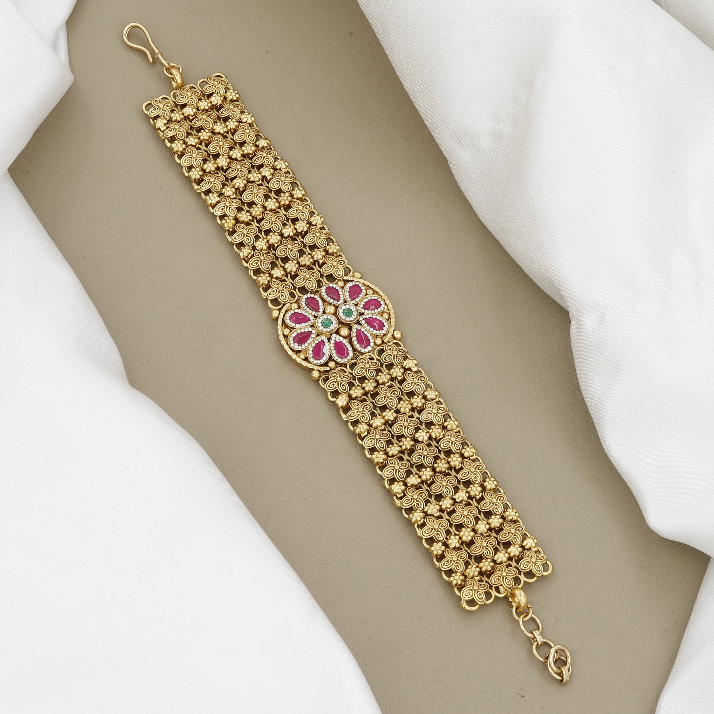 Traditional  Ruby Floral Design Antique Filigree Bracelet