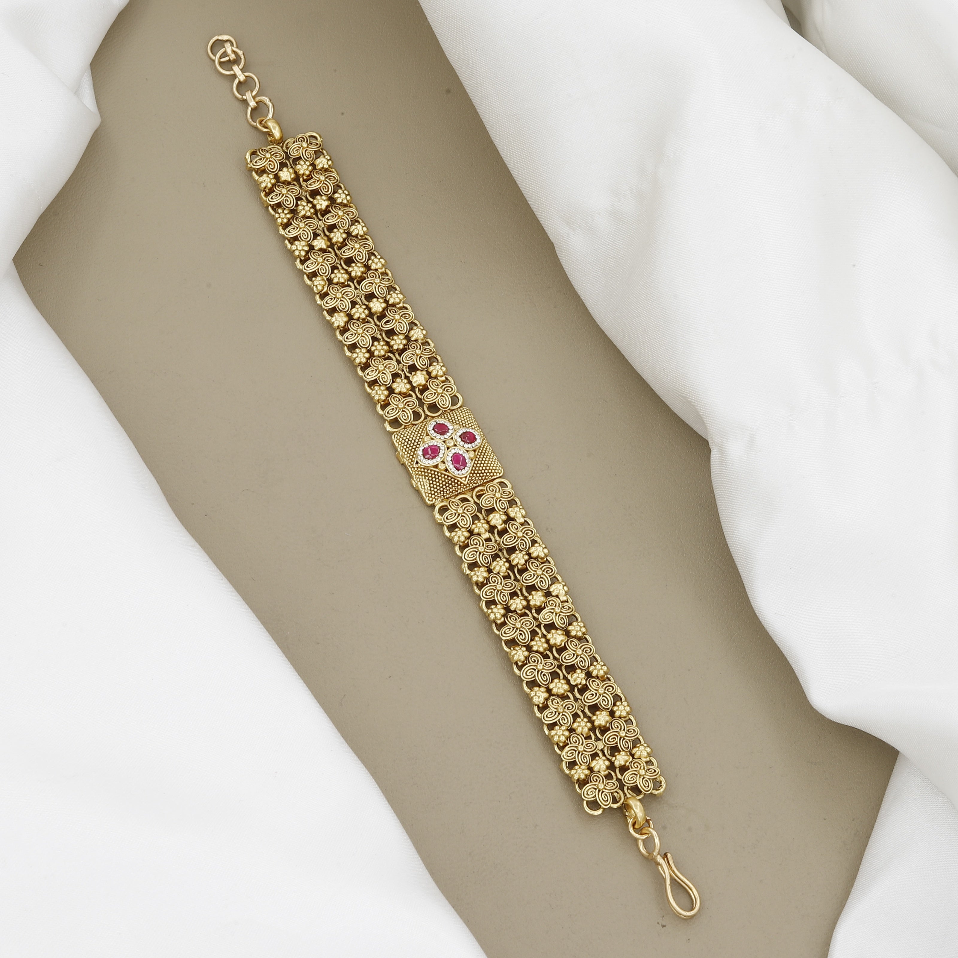 Ruby Stone Center Antique Gold Filigree Bracelet