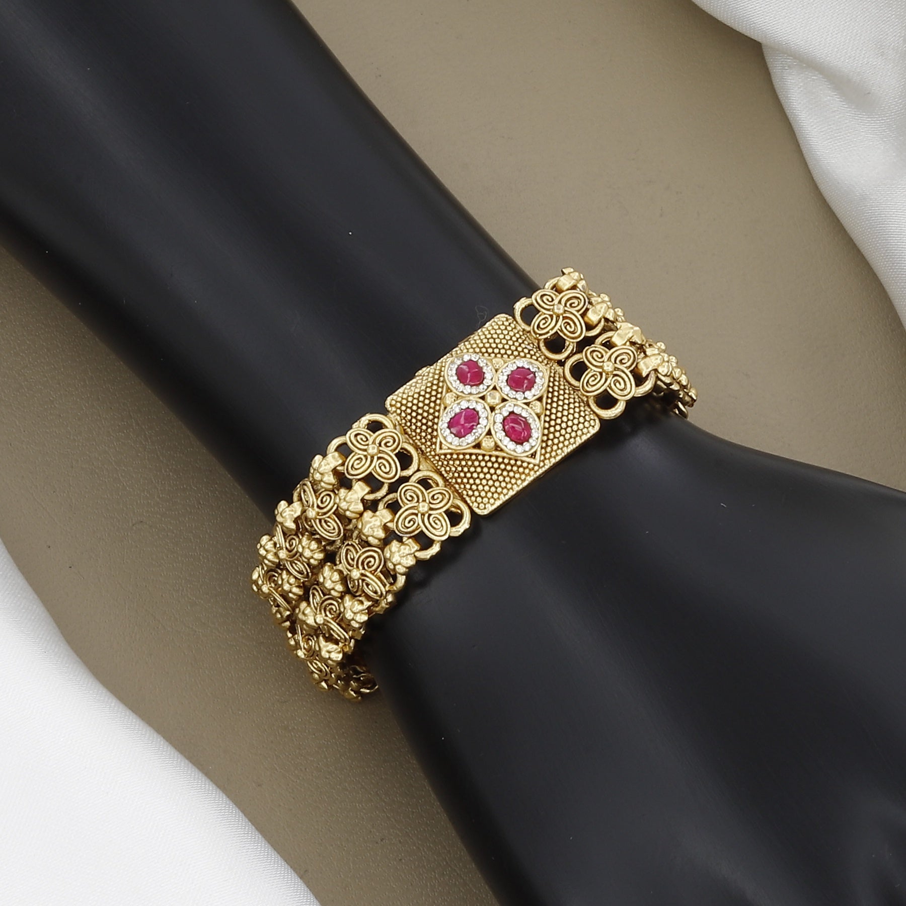 Ruby Stone Center Antique Gold Filigree Bracelet