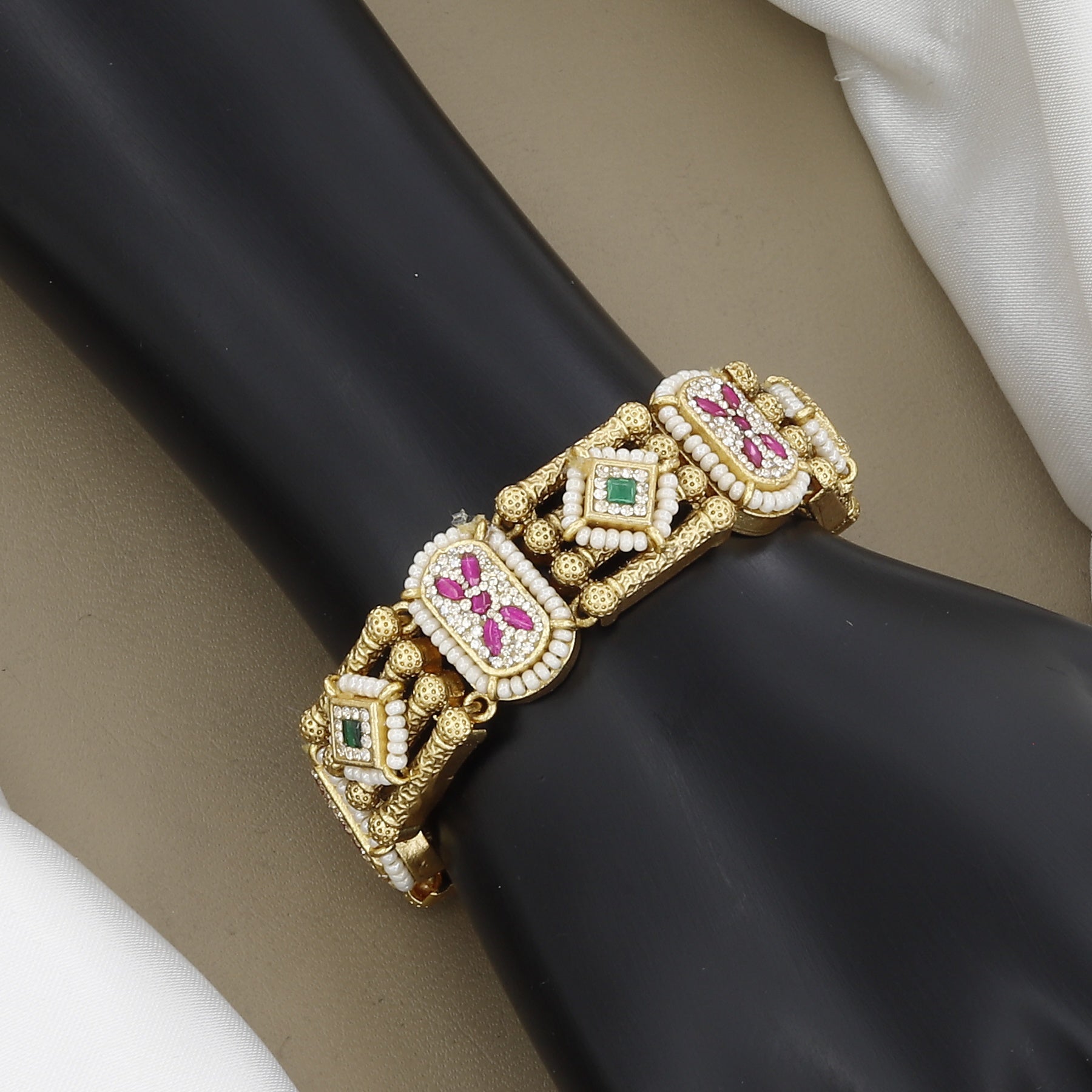 Pearl, CZ & Multi-Color Stones Gold Plated Statement Bracelet