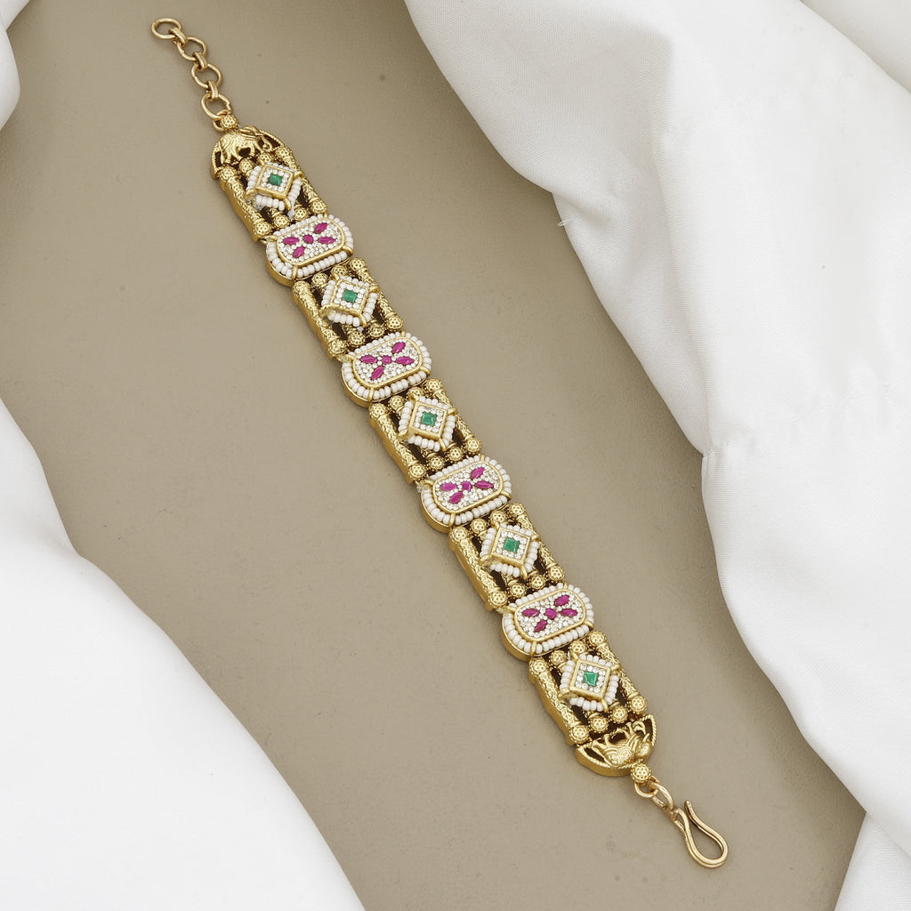 Pearl, CZ & Multi-Color Stones Gold Plated Statement Bracelet
