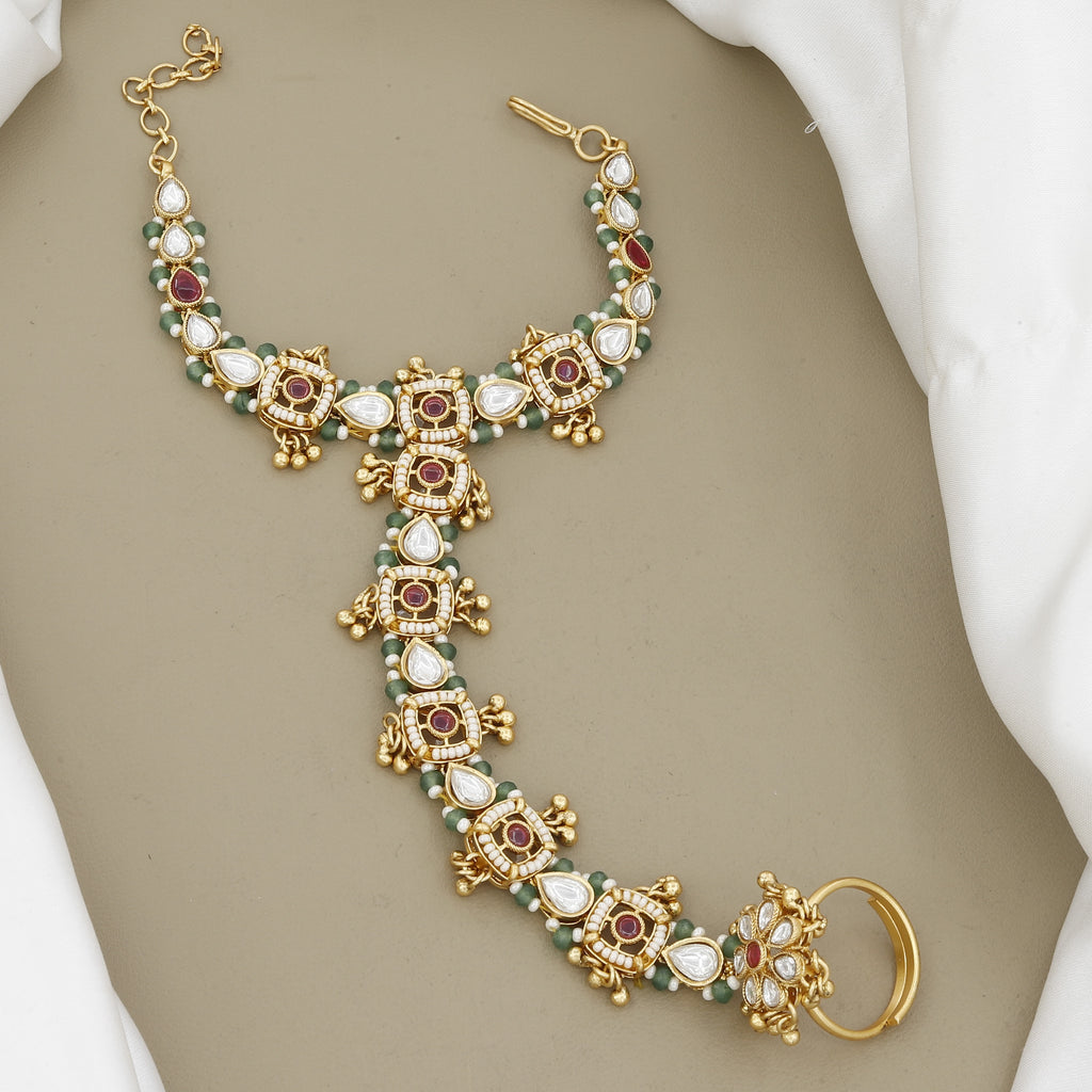 Polki Style Gold Hath Panja White Stone & Pearl Hand Harness
