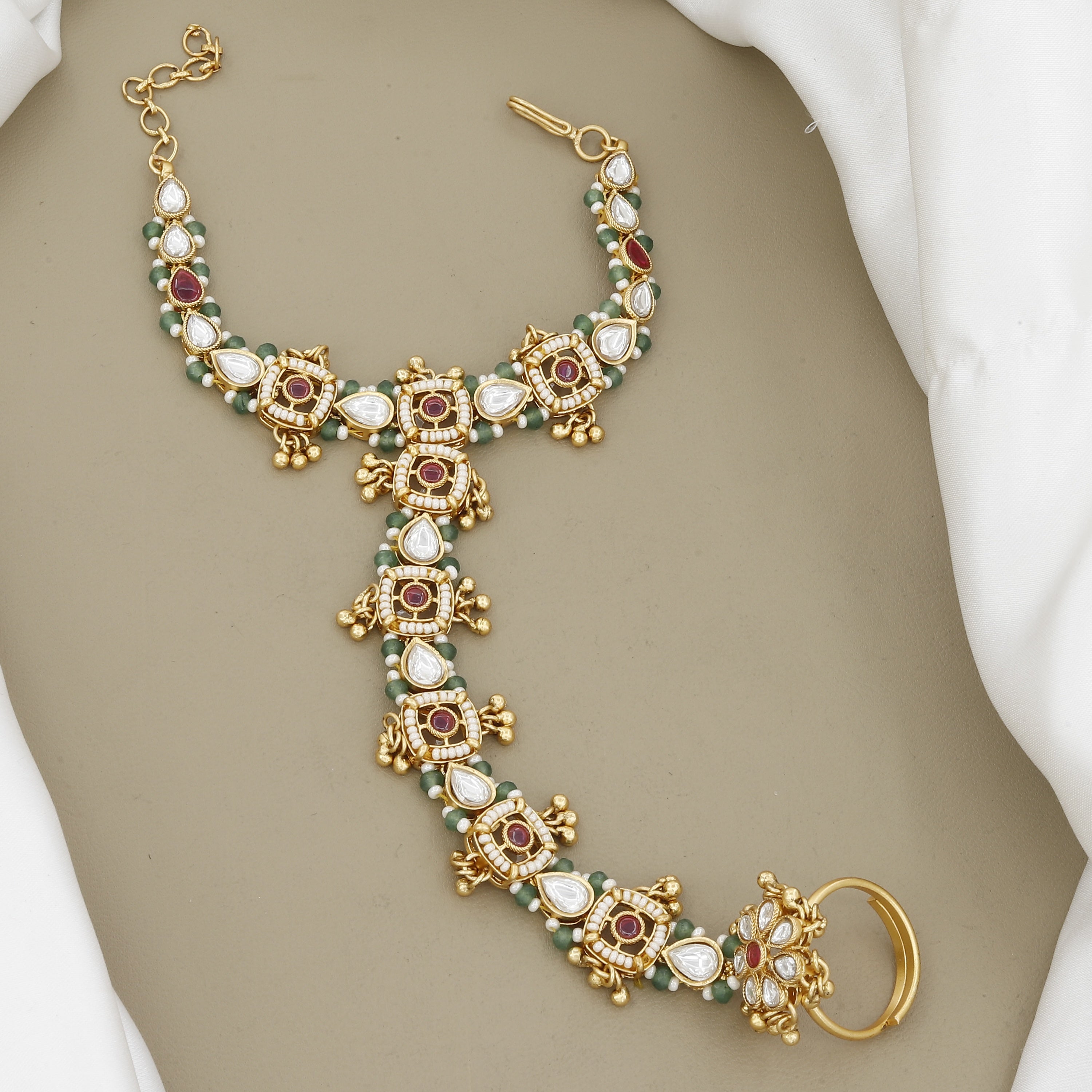Polki Style Gold Hath Panja White Stone & Pearl Hand Harness