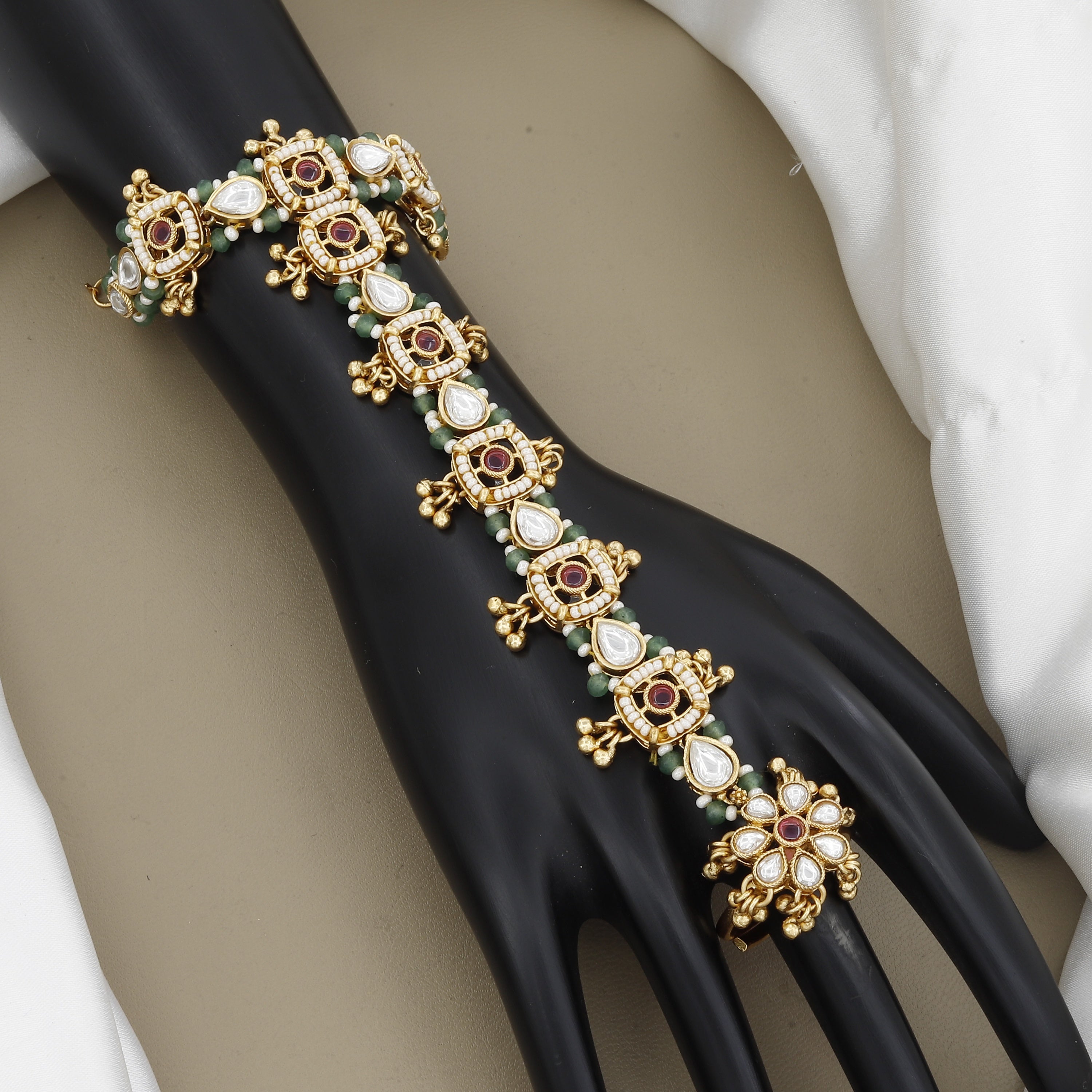 Polki Style Gold Hath Panja White Stone & Pearl Hand Harness